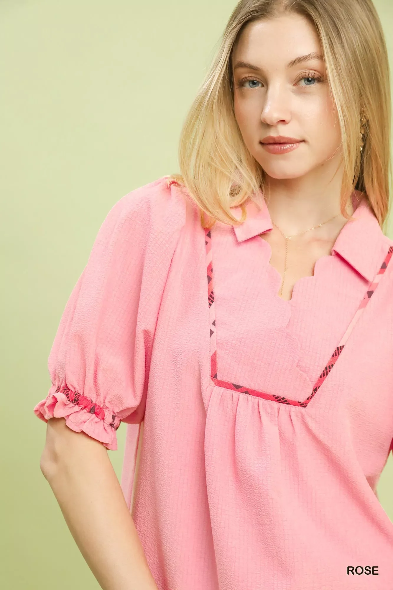 Umgee Scalloped Trim Blouse with Puff Sleeves - Image 5