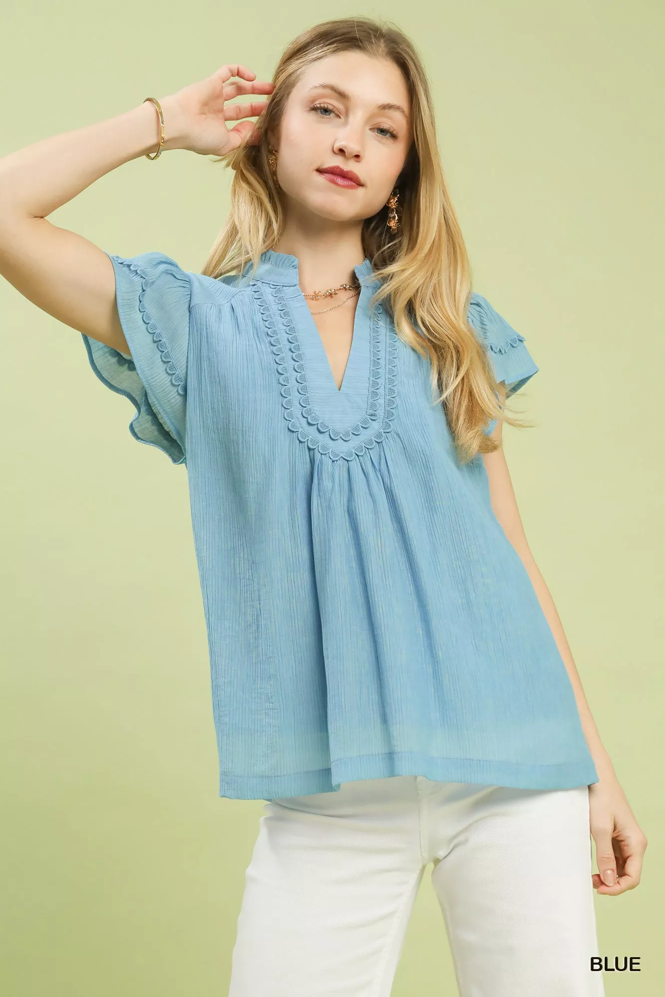 Umgee Scalloped Trim Flutter Sleeve Top