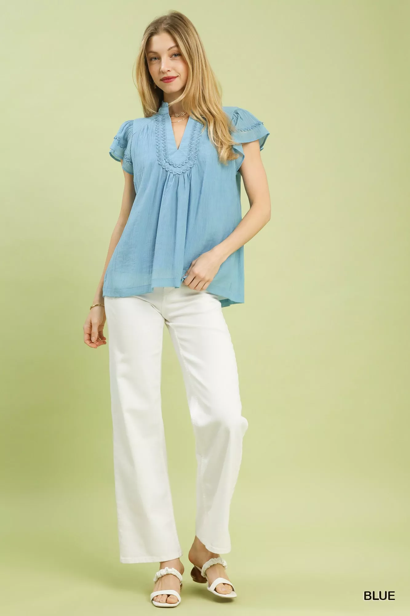 Umgee Scalloped Trim Flutter Sleeve Top - Image 2