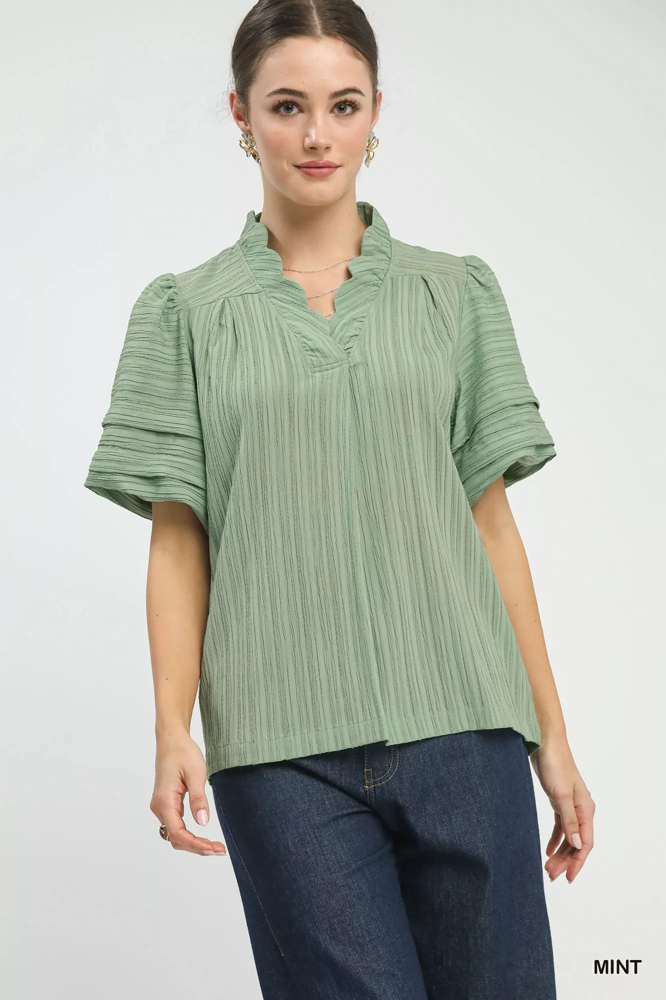 Umgee Seersucker Bubble Sleeve V-Neck Blouse