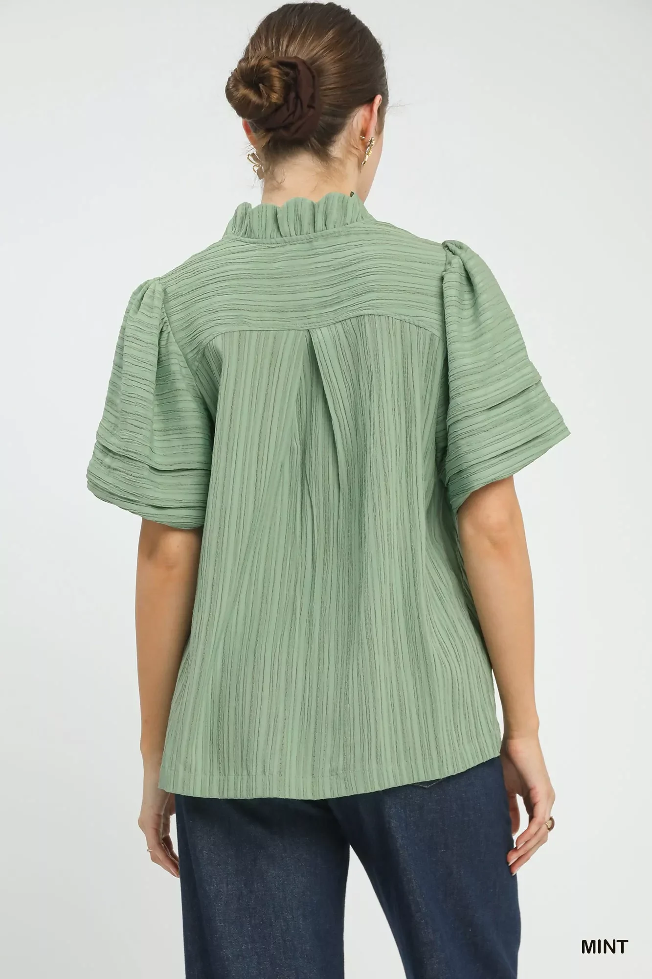 Umgee Seersucker Bubble Sleeve V-Neck Blouse - Image 3