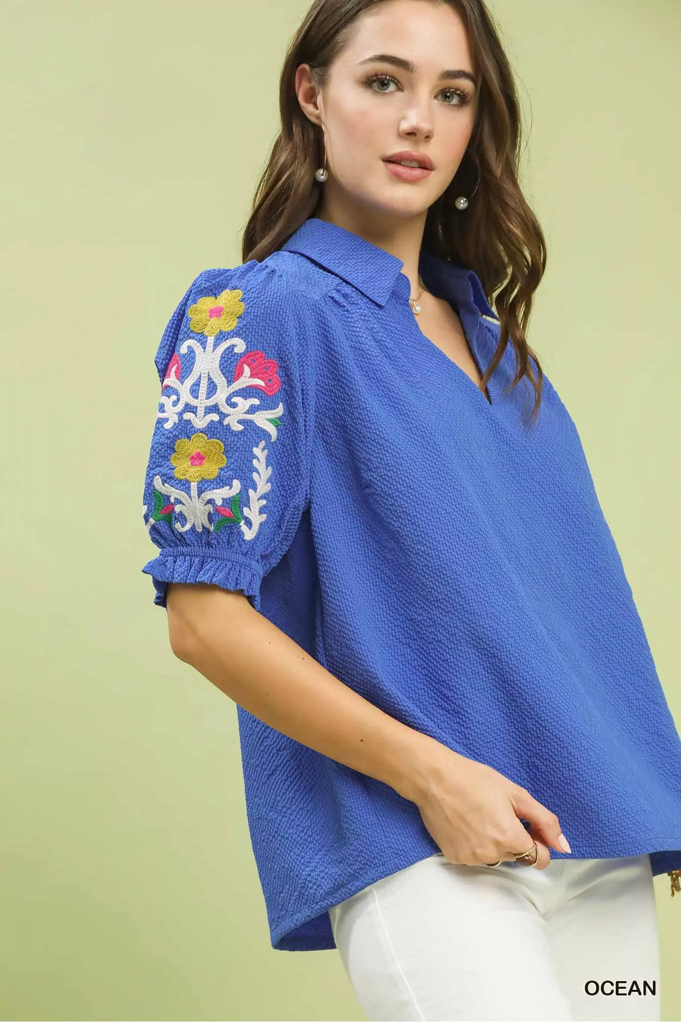 Umgee Seersucker Embroidered Sleeve Blouse - Image 2