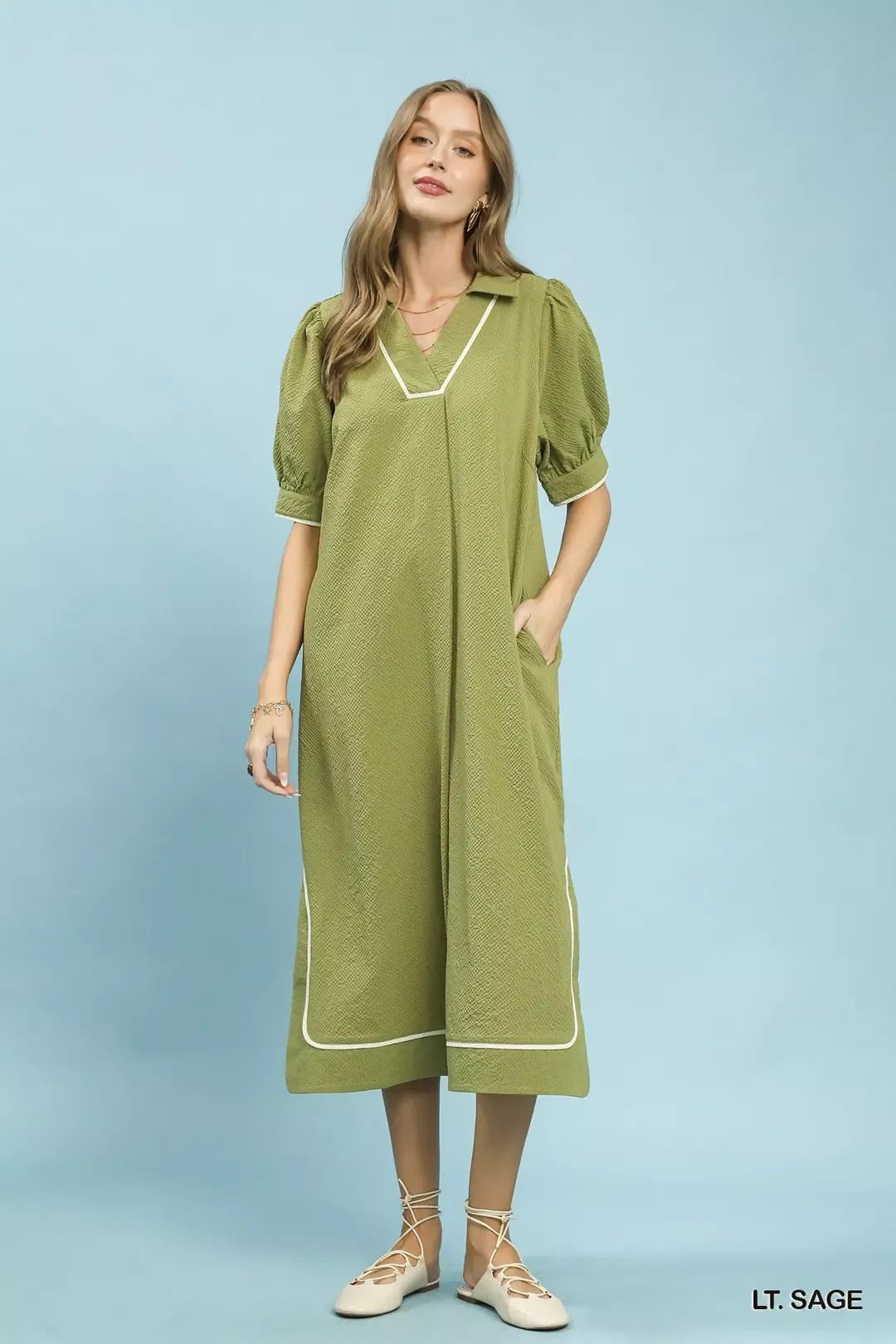 Umgee Seersucker Midi Dress with Contrast Trim