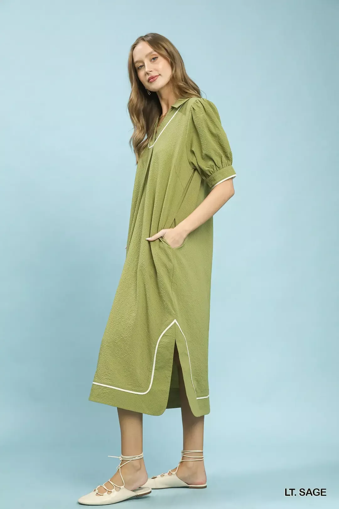 Umgee Seersucker Midi Dress with Contrast Trim - Image 2