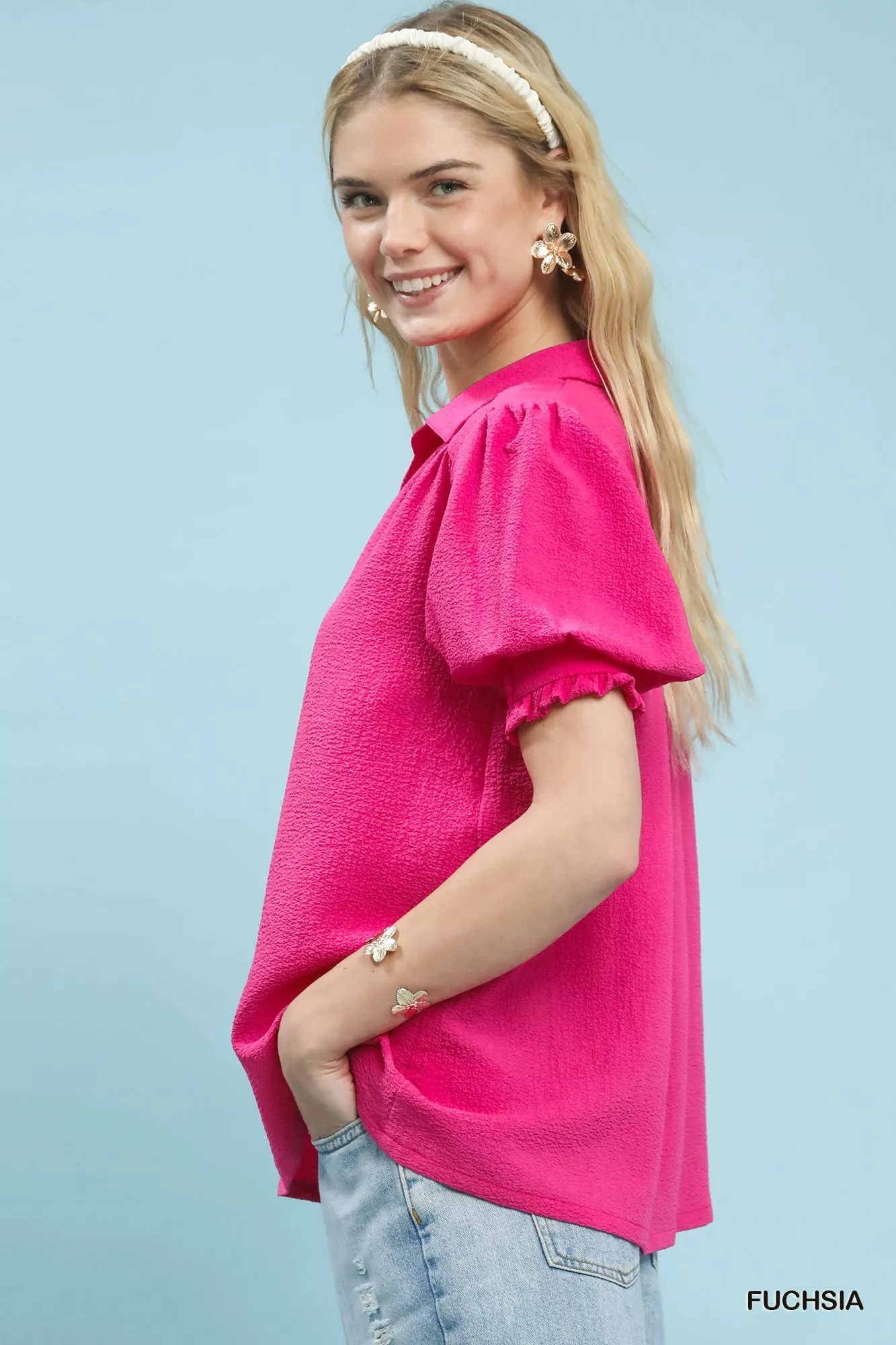 Umgee Seersucker Puff Sleeve Blouse - Image 2