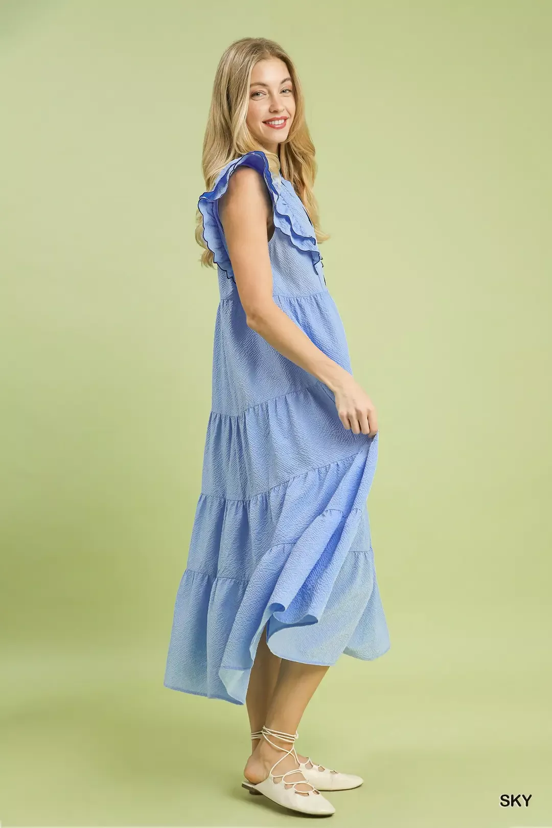 Umgee Seersucker Ruffle Sleeve Tiered Midi Dress - Image 2