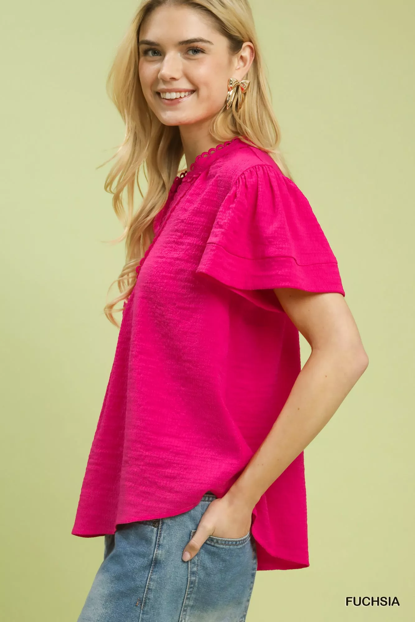 Umgee Seersucker Short Sleeve Top with Lace Trim - Image 2