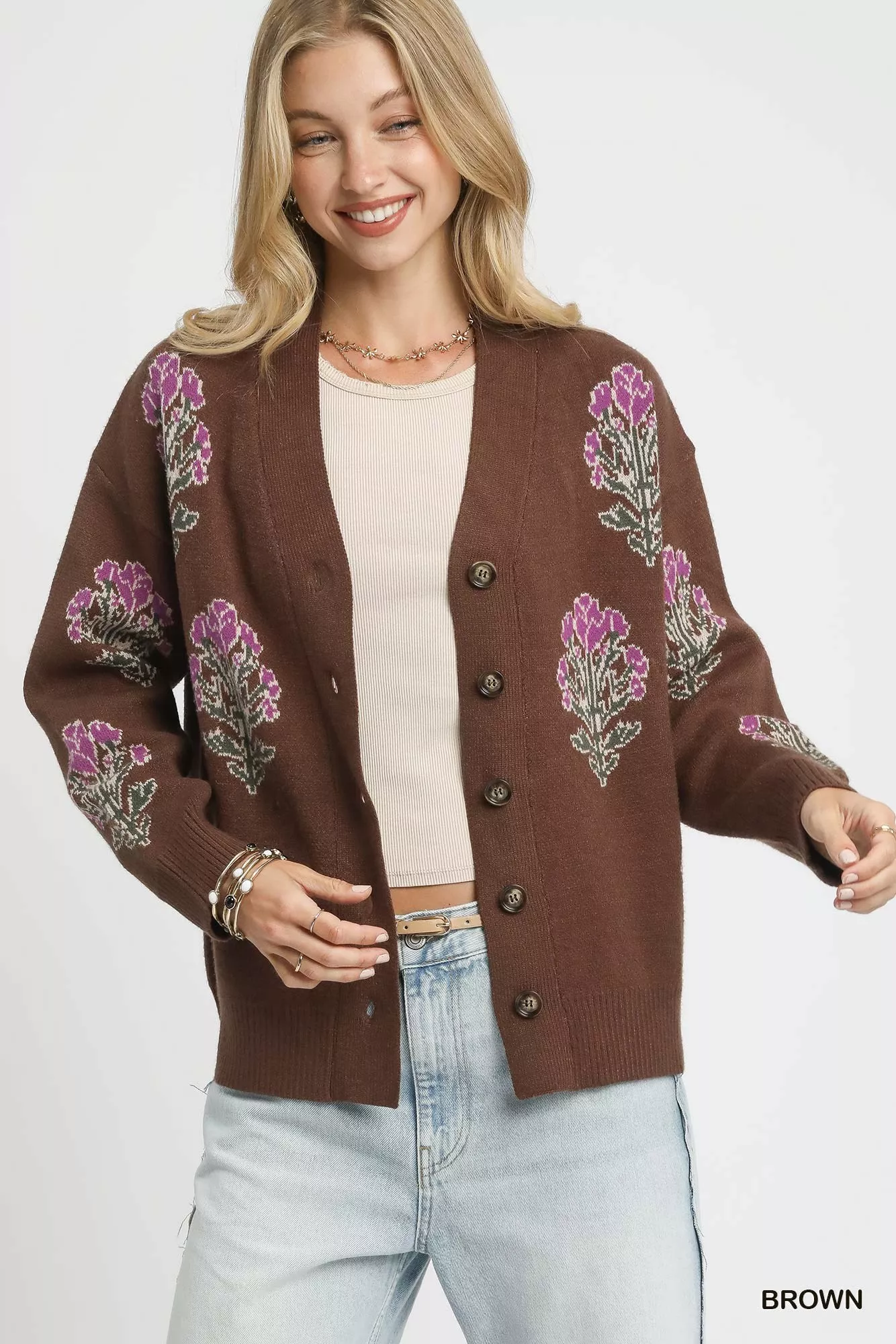 Umgee Single Flower Stem Jacquard Cardigan Sweater - Image 2