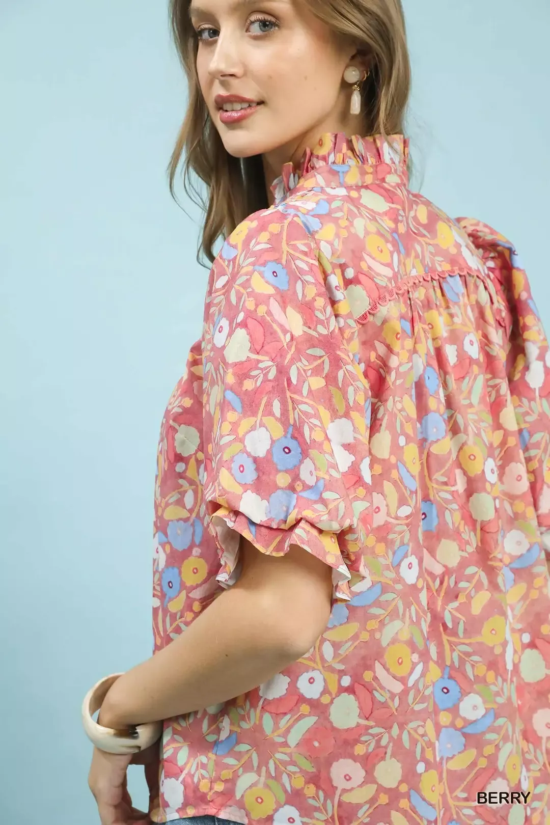 Umgee Smocked Floral Ruffle Trim Top - Image 3