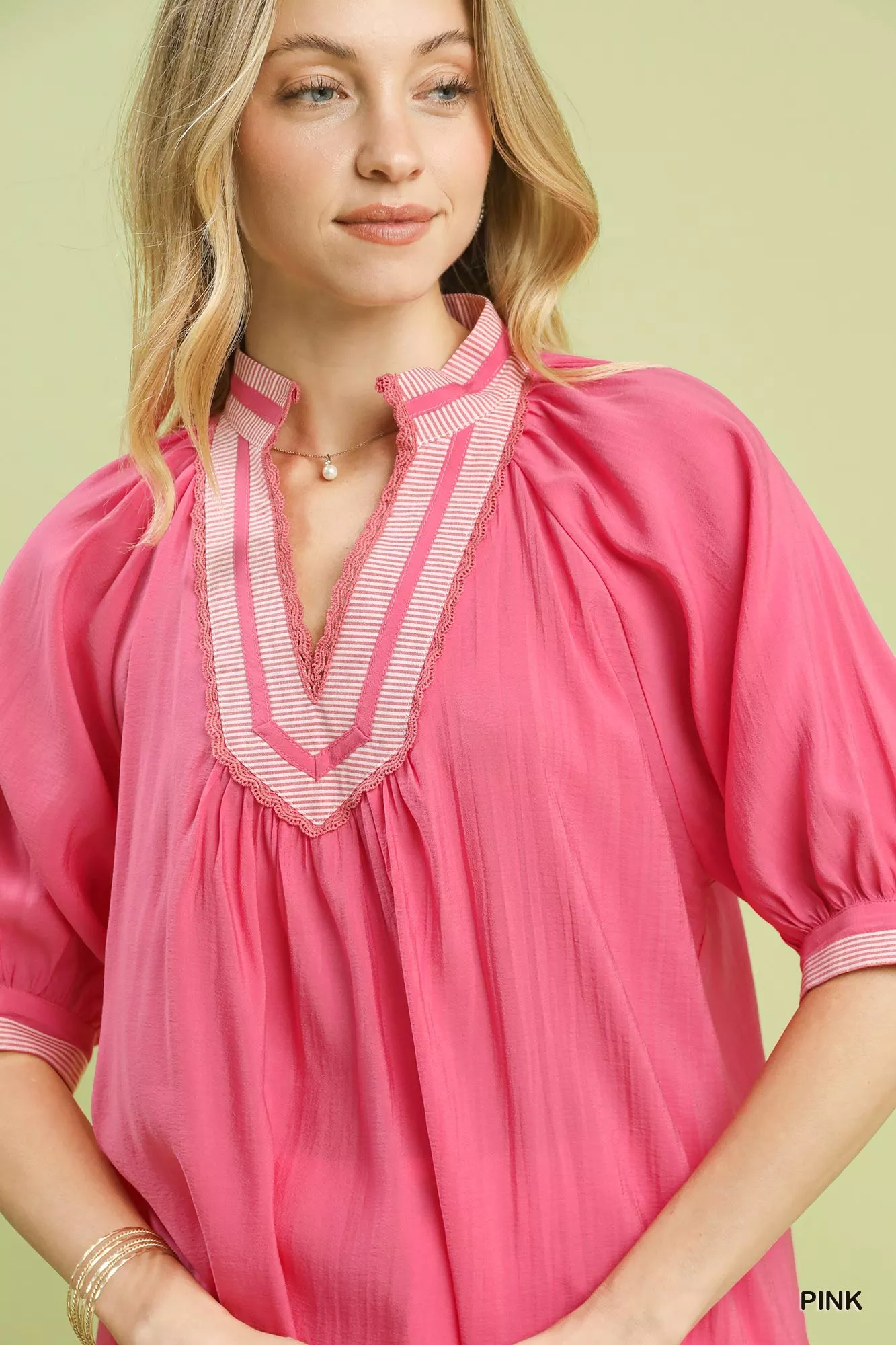 Umgee Solid Contrast Trim Pleated Top - Image 4
