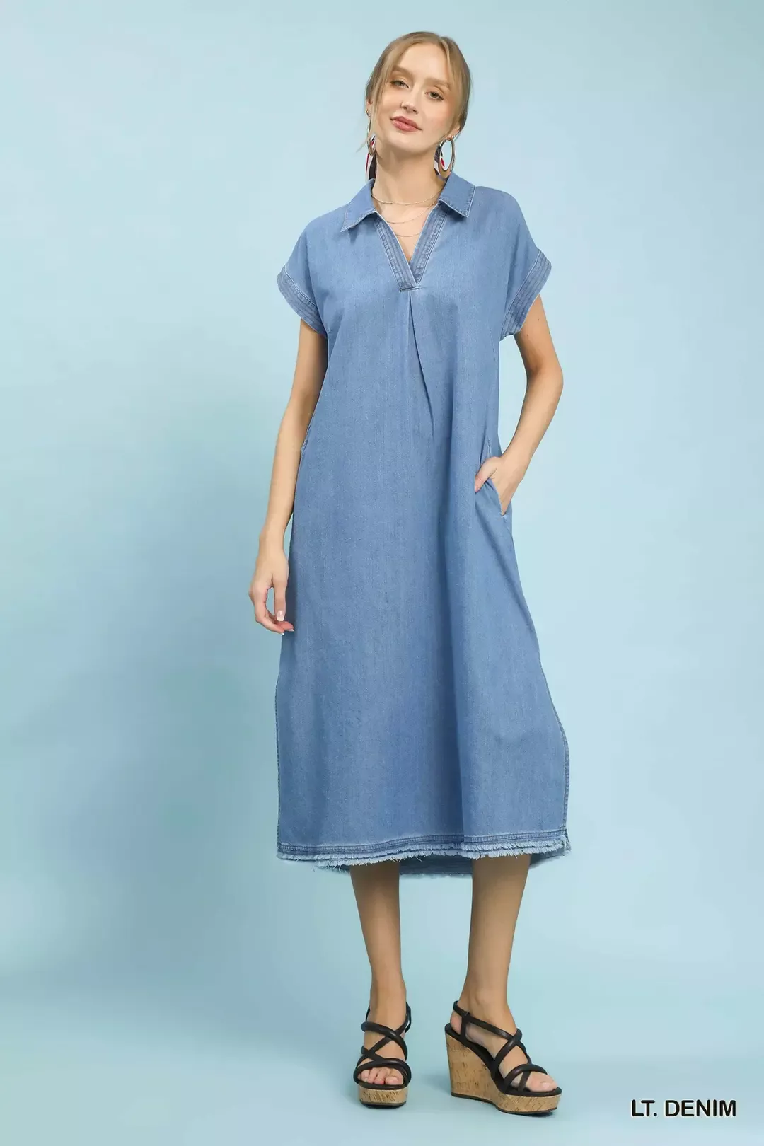Umgee Stone Washed Collared Denim Midi Dress - Image 6