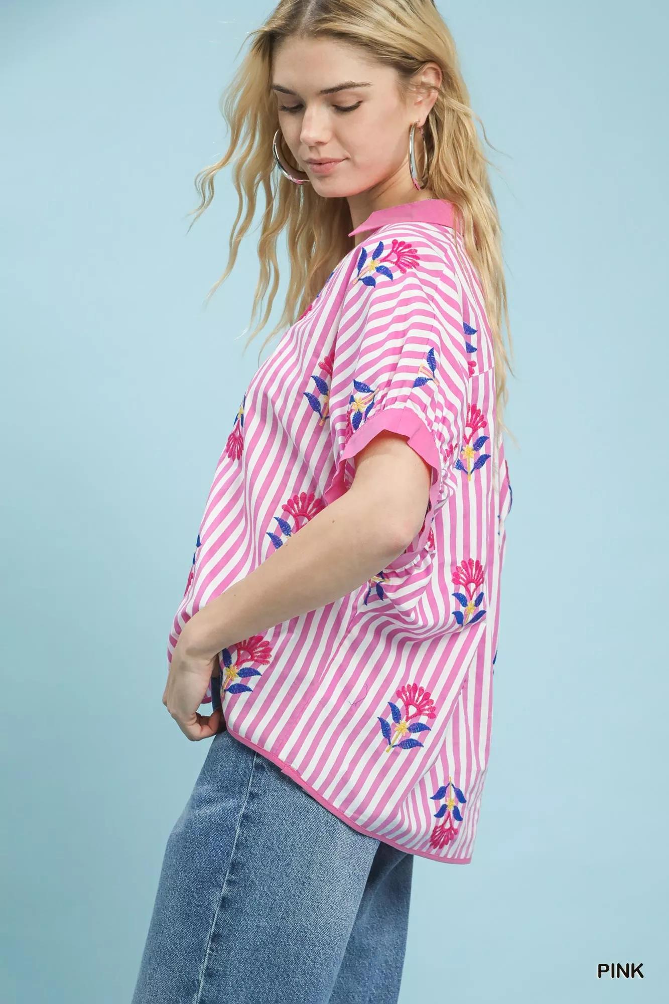 Umgee Stripe Embroidered Button-Front Boho Blouse - Image 2