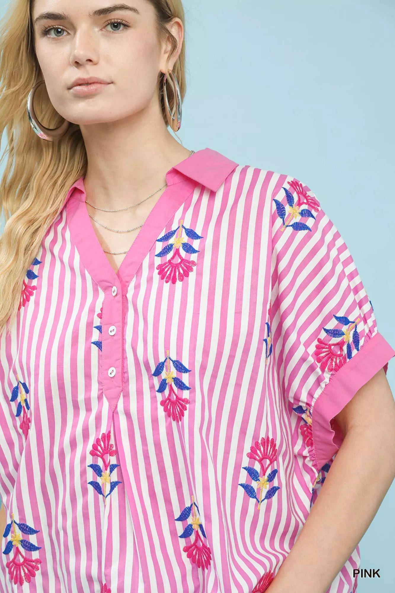 Umgee Stripe Embroidered Button-Front Boho Blouse - Image 4
