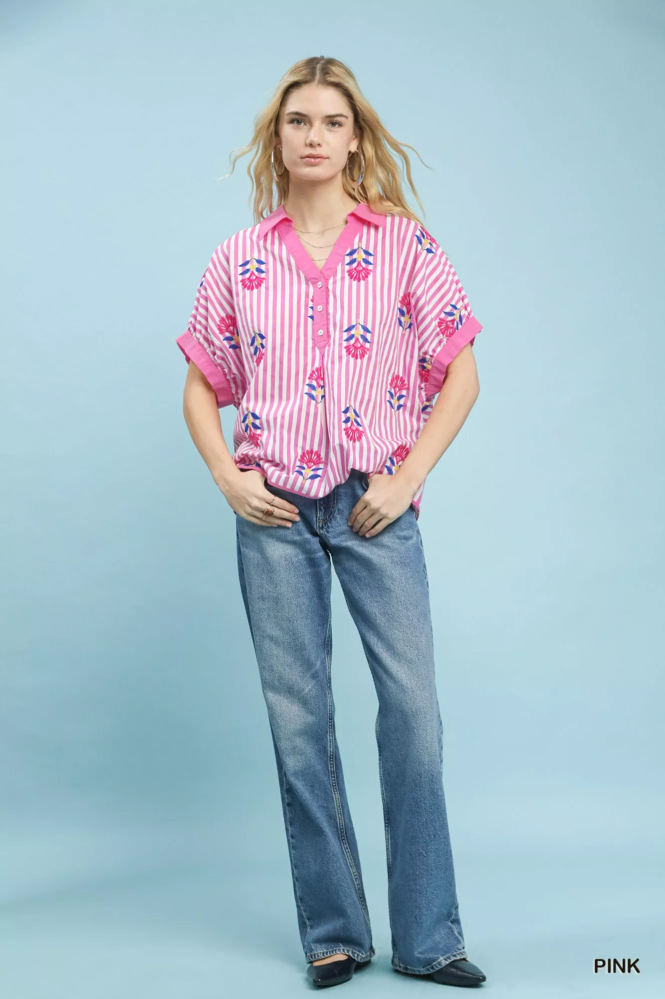 Umgee Stripe Embroidered Button-Front Boho Blouse - Image 5