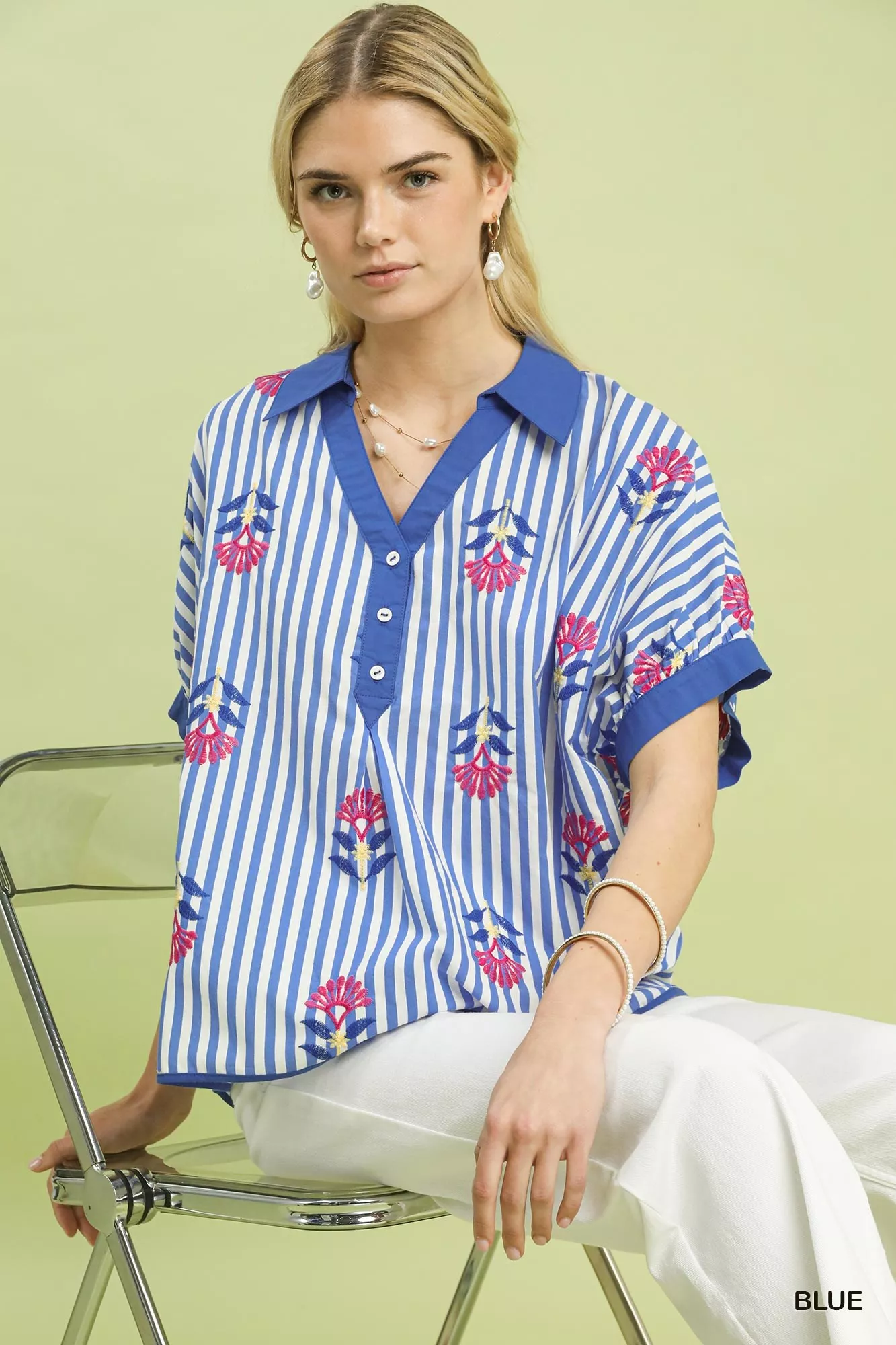 Umgee Stripe Embroidered Button-Front Boho Blouse - Image 2