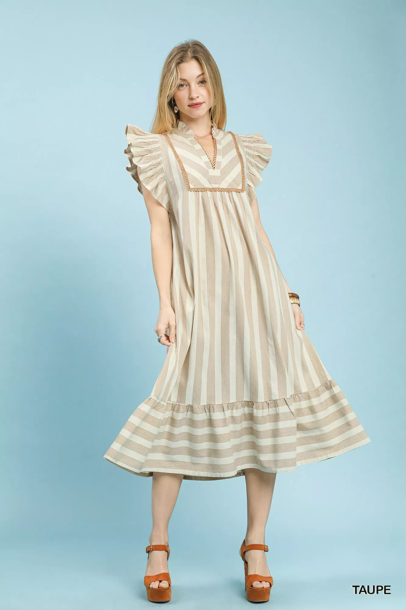 Umgee Stripe Ruffle Sleeve Tiered Midi Dress - Image 2