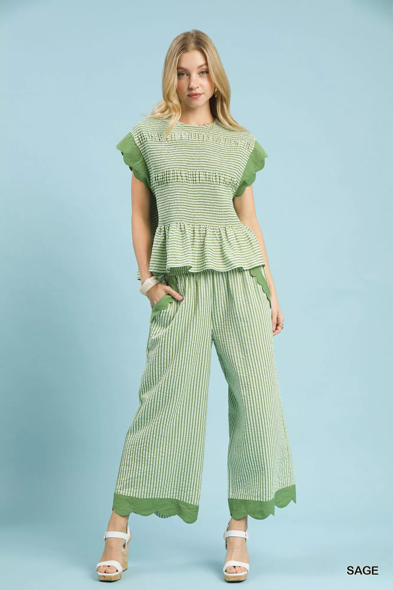 Umgee Stripe Scallop Hem Wide Leg Pants - Image 4