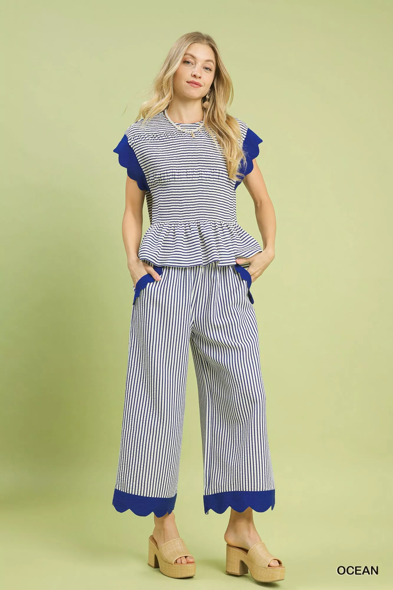 Umgee Stripe Scallop Hem Wide Leg Pants - Image 4