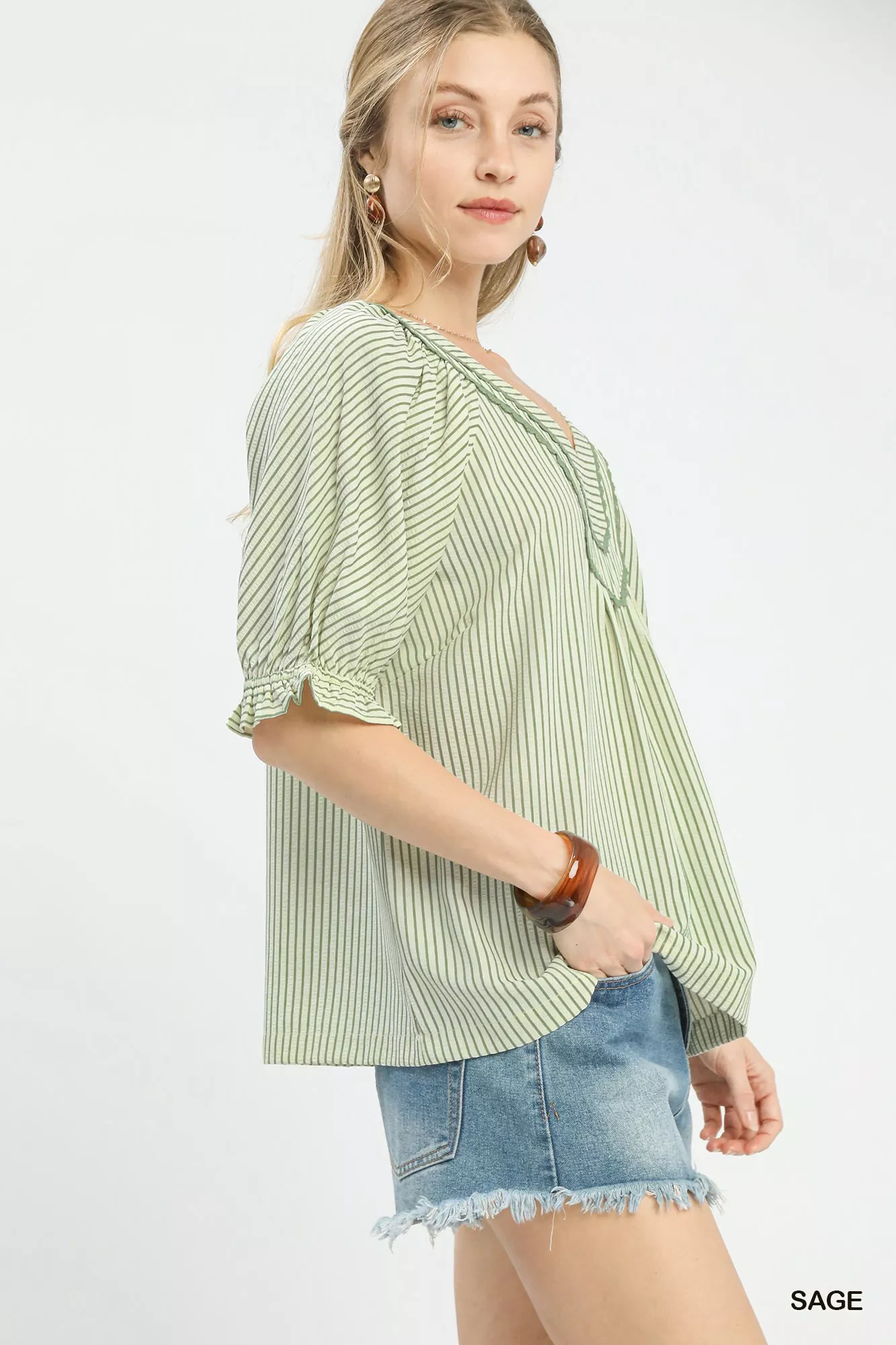 Umgee Stripe V-Neck Blouse - Image 3
