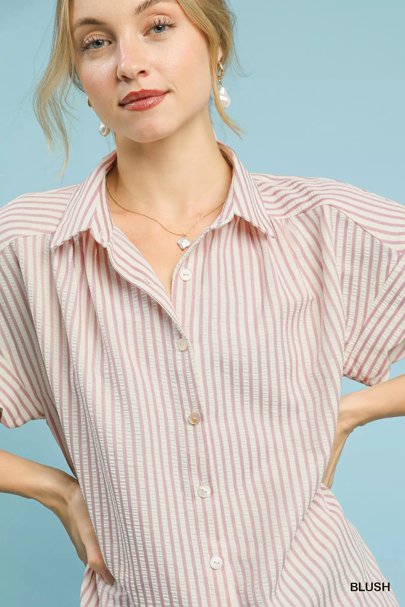 Umgee Striped Button-Down Top with Scallop Sleeves - Image 5