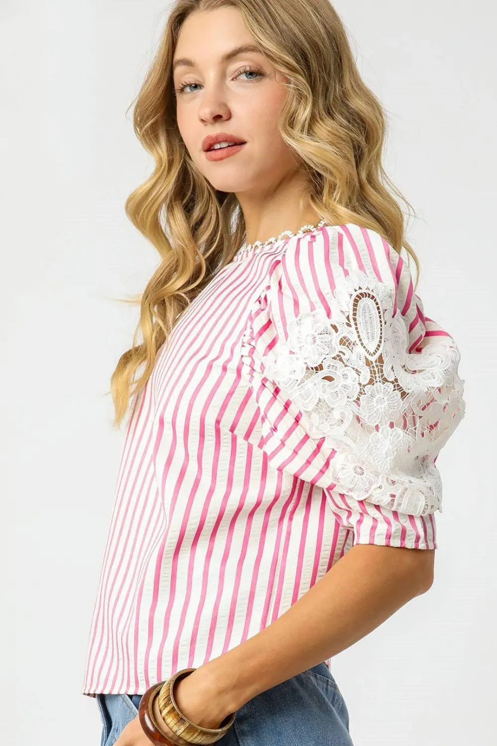 Umgee Striped Lace Puff Sleeve Blouse - Image 2