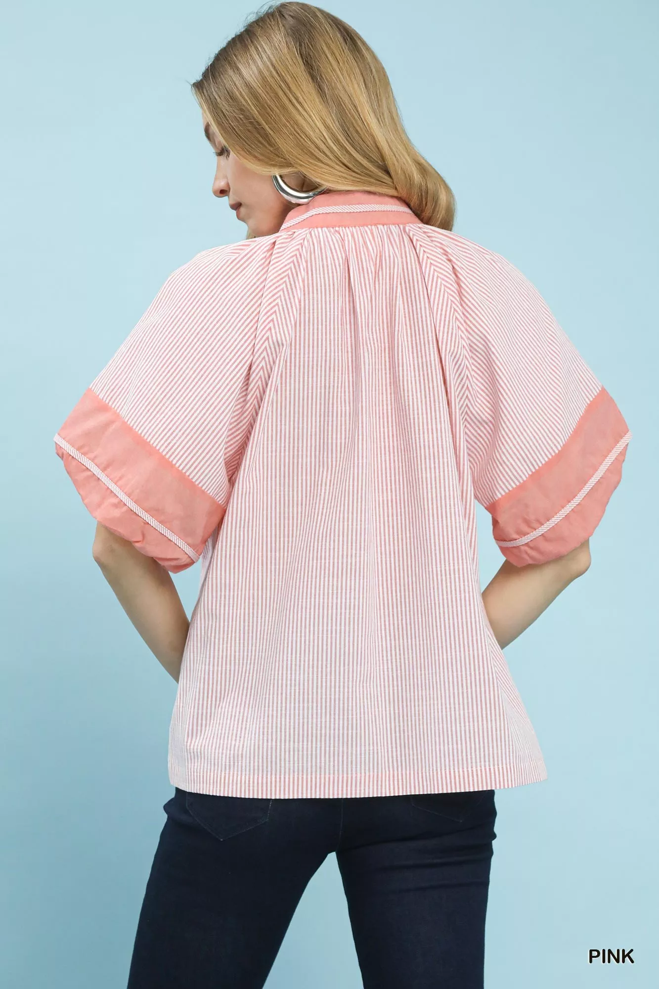 Umgee Striped Mixed Puff Sleeve Blouse - Image 3