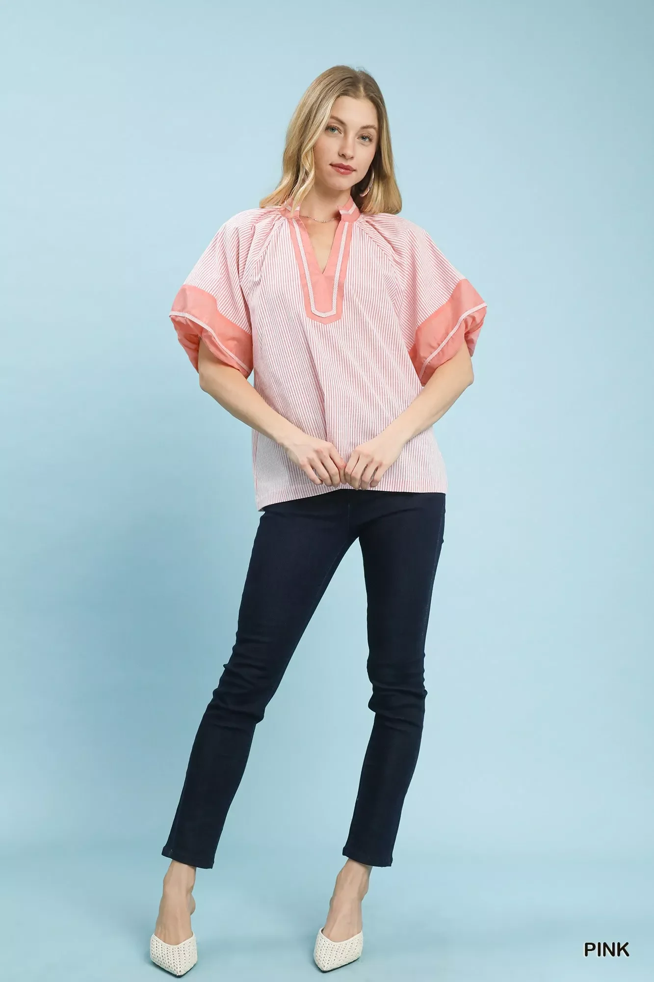 Umgee Striped Mixed Puff Sleeve Blouse - Image 6