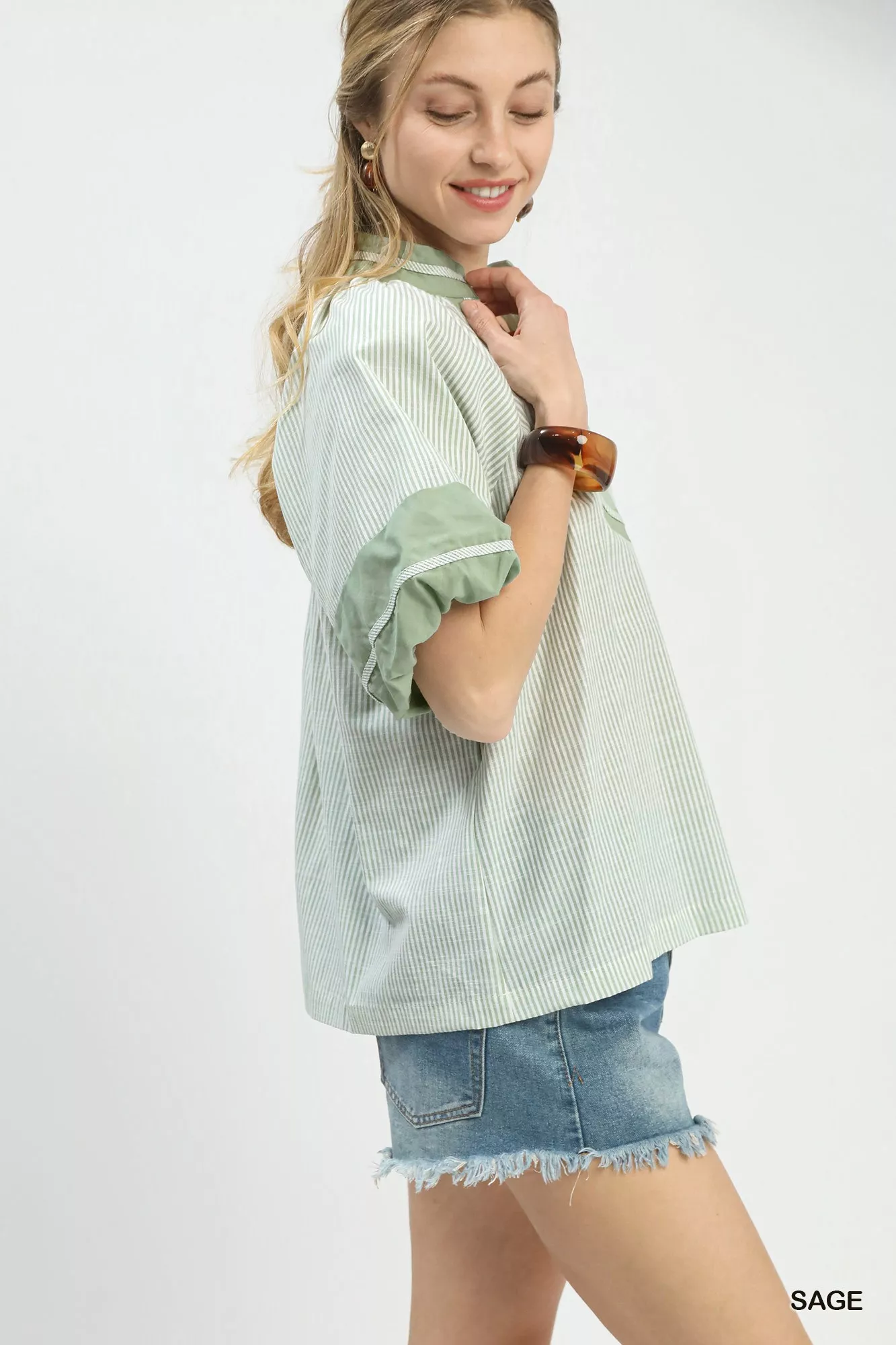 Umgee Striped Mixed Puff Sleeve Blouse - Image 2