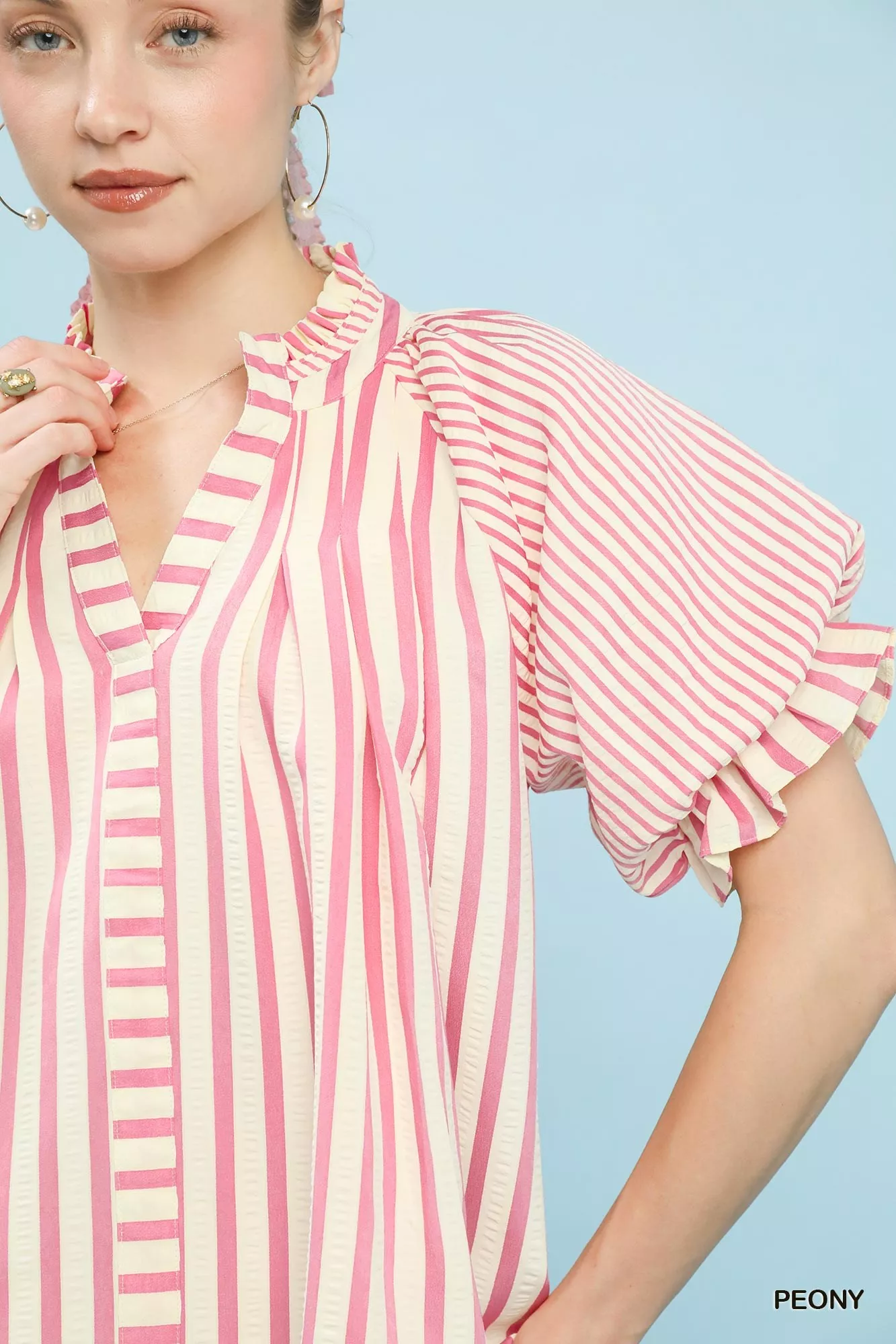 Umgee Striped Notched Top with Short Flutter Sleeves - Image 5