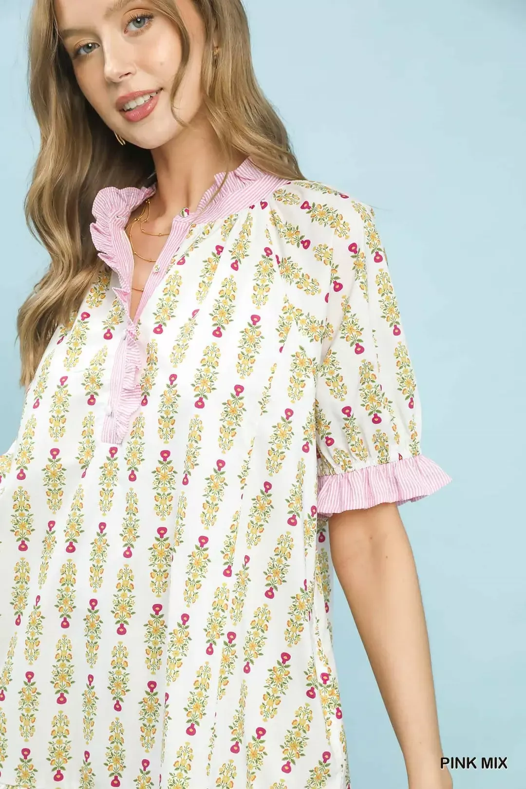 Umgee Striped Trim Floral Tiered Mini Dress - Image 5
