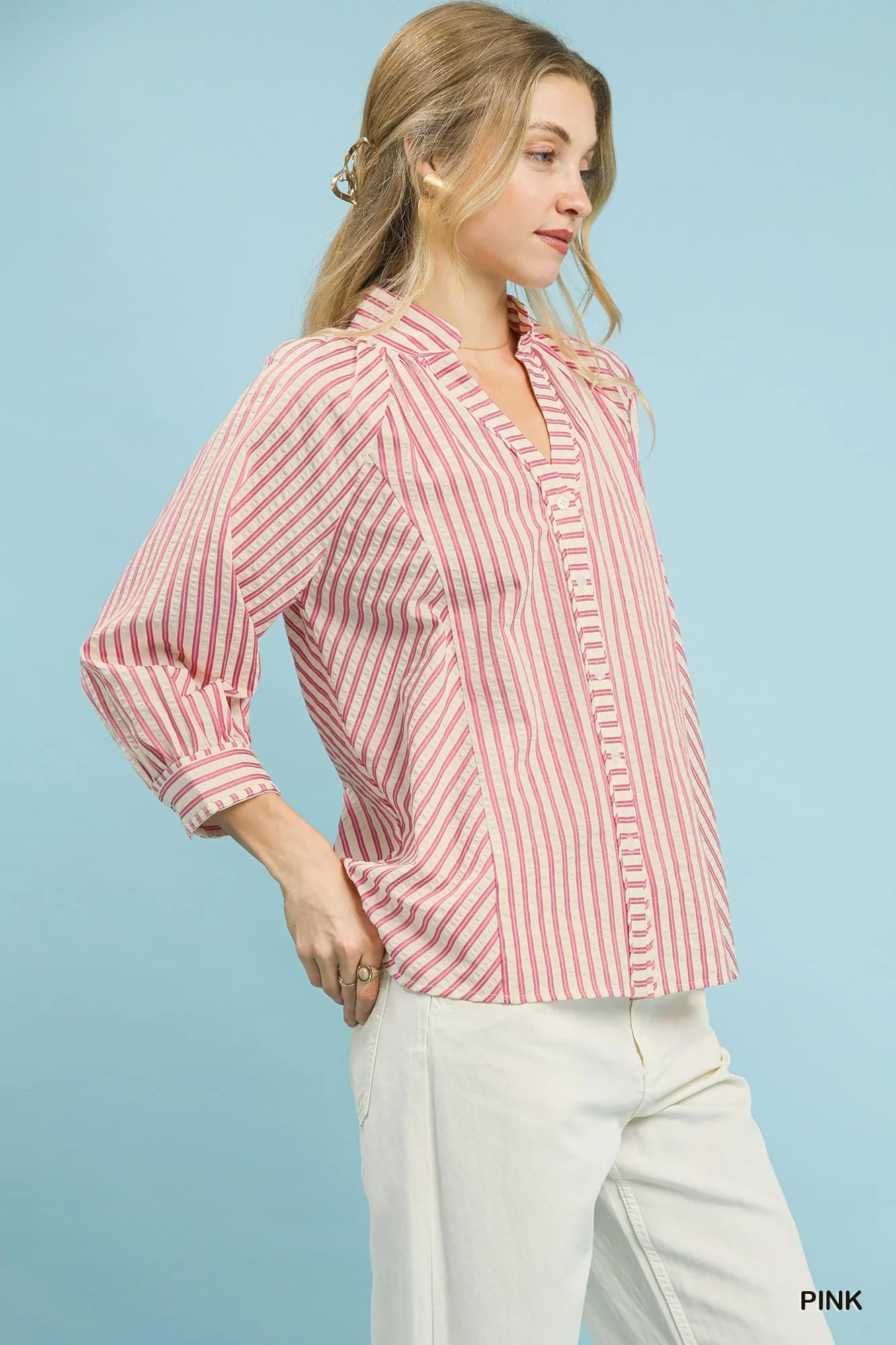 Umgee Striped V-Neck Button Down Top - Image 2