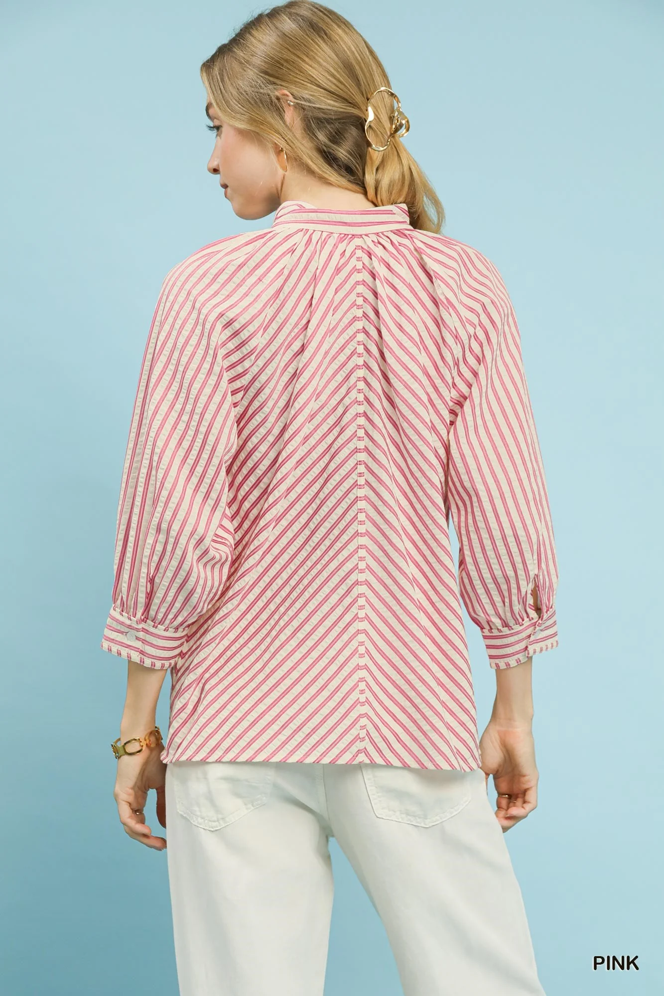 Umgee Striped V-Neck Button Down Top - Image 3