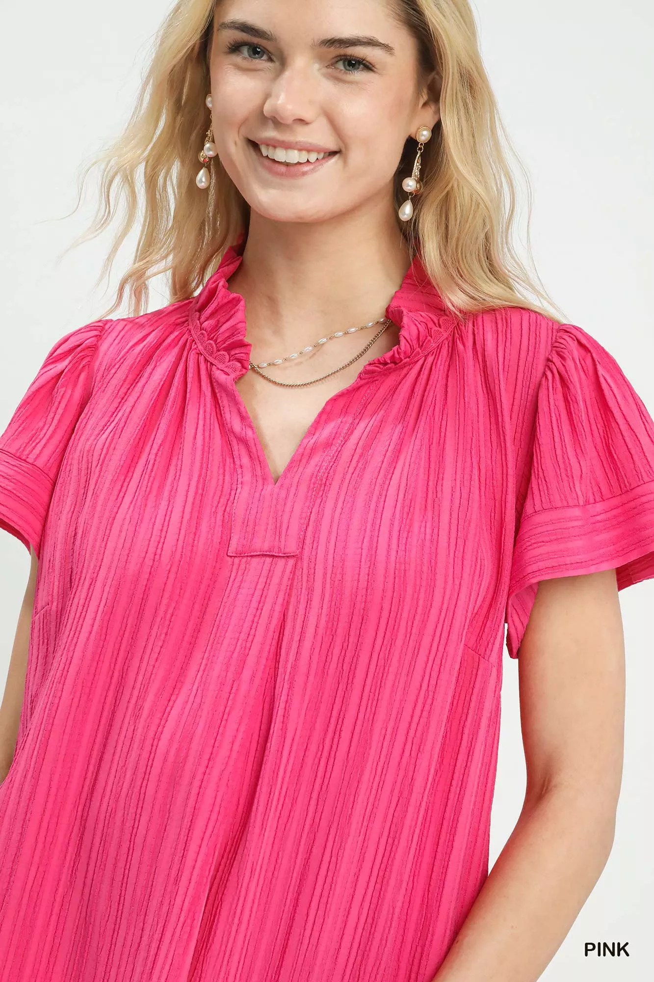 Umgee Texture Flutter Sleeve Notched Blouse - Image 5