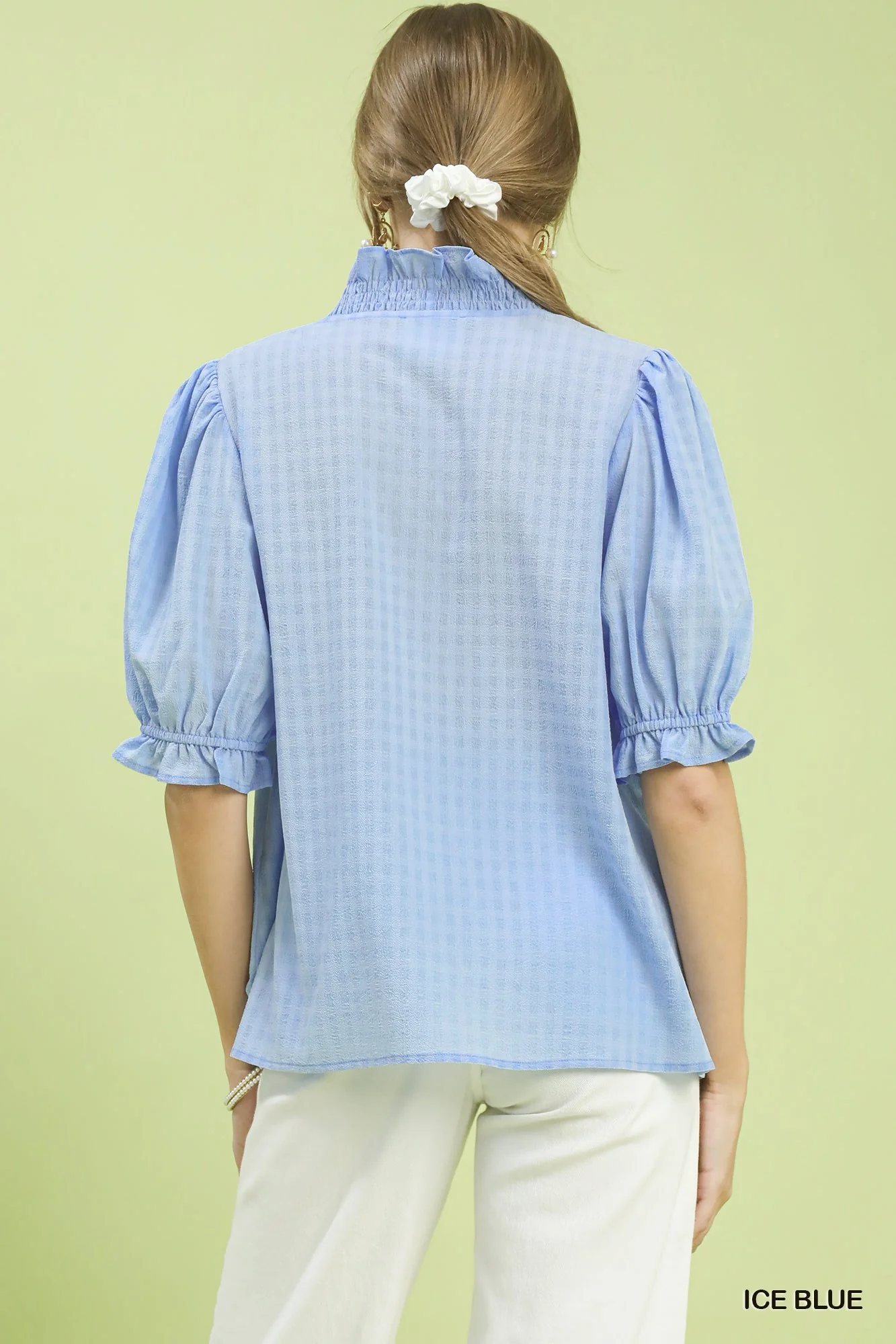Umgee Textured Check Ruffle V-Neck Blouse - Image 3