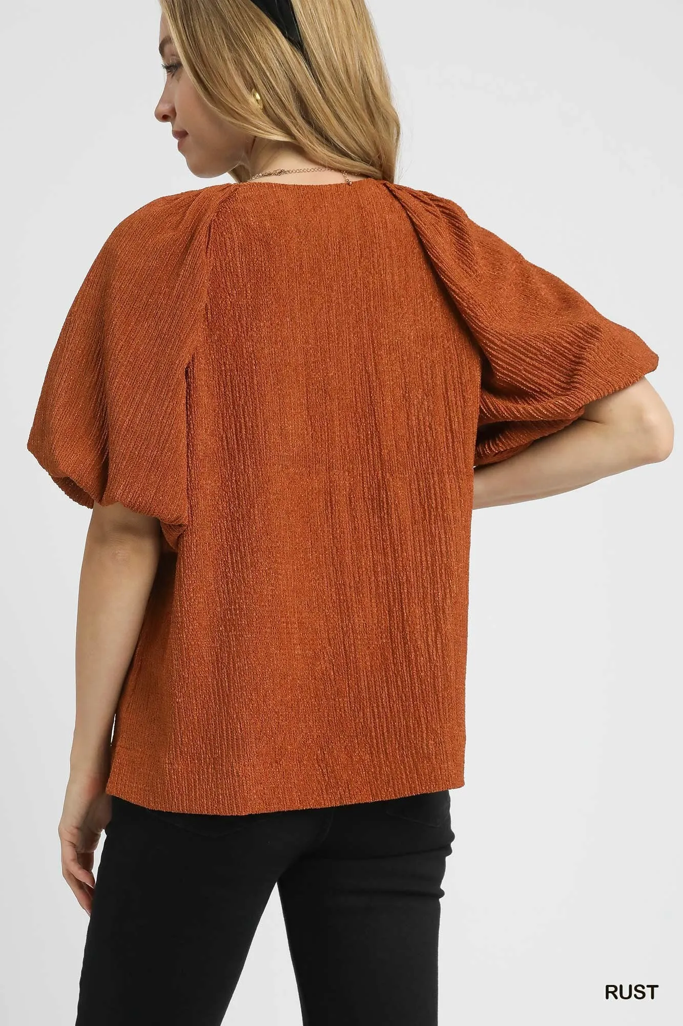 Umgee Textured Flutter Sleeve Notch Neck Top - Image 4