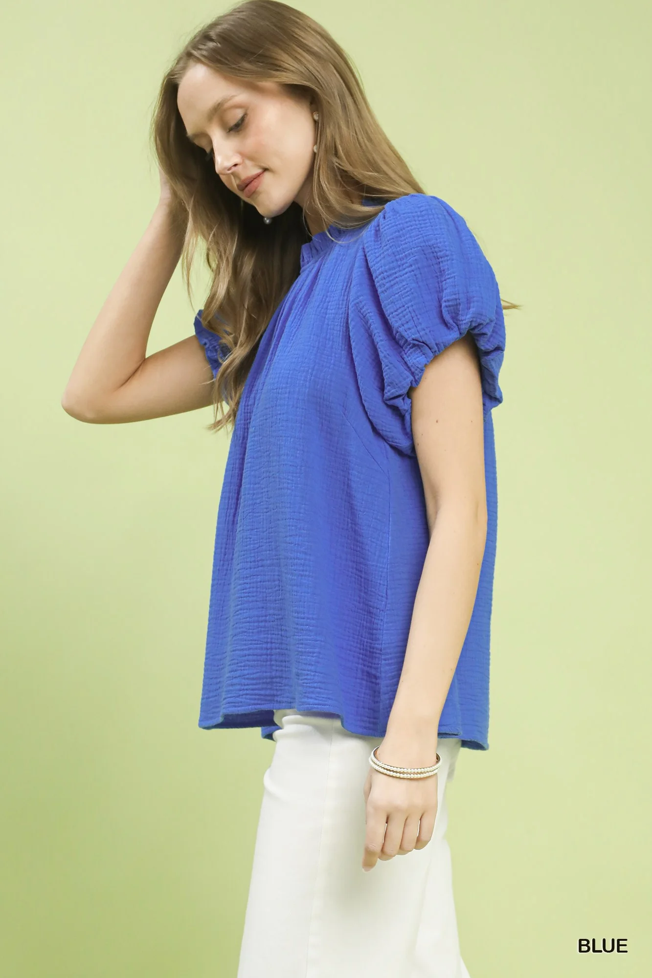 Umgee Textured Gauze Ruffle Neck Boho Top - Image 2