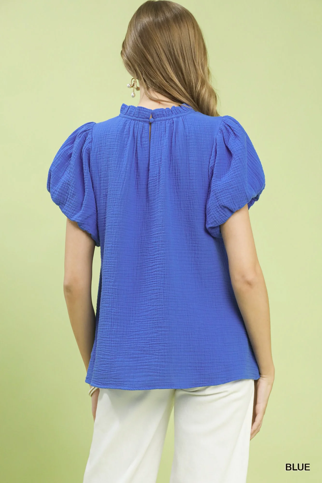 Umgee Textured Gauze Ruffle Neck Boho Top - Image 3