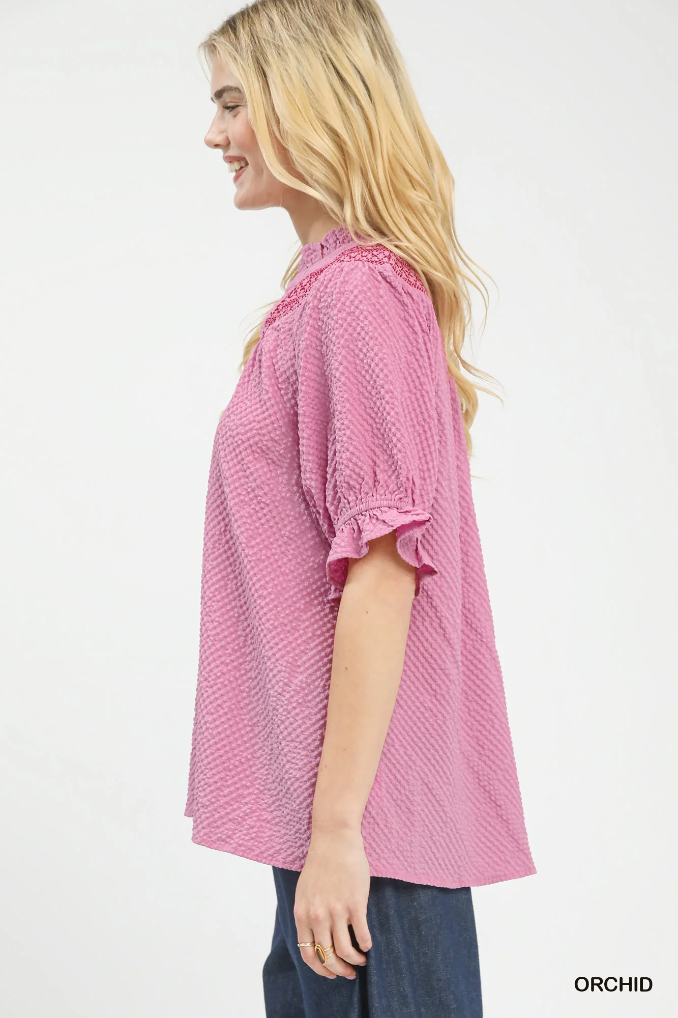 Umgee Textured Henley Blouse with Ruffle Cuffs - Image 2
