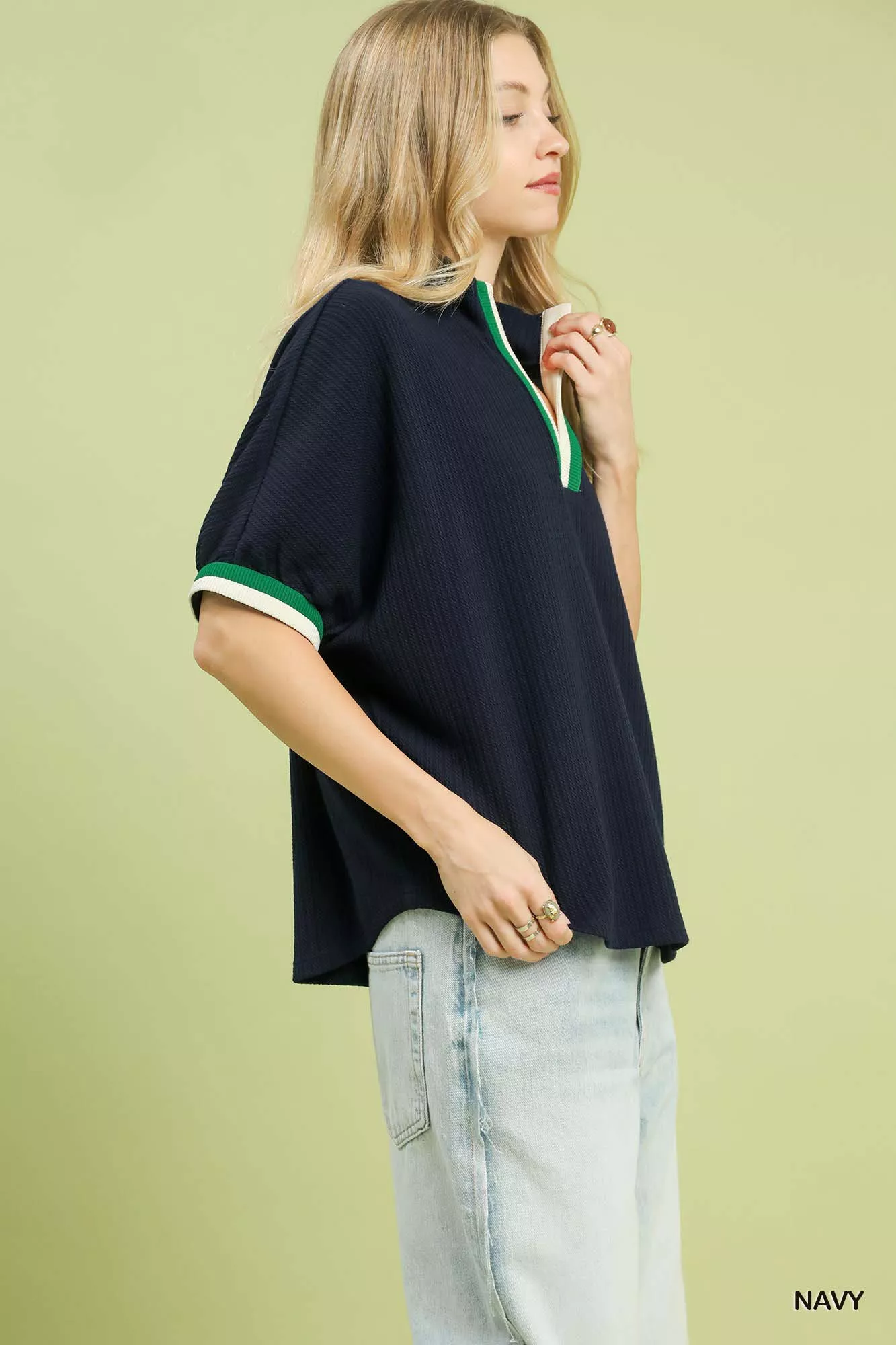 Umgee Textured Knit Top with Striped Contrast Trim - Image 3