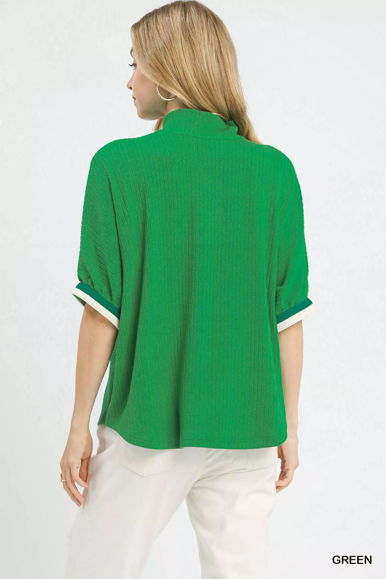 Umgee Textured Knit Top with Striped Contrast Trim - Image 3