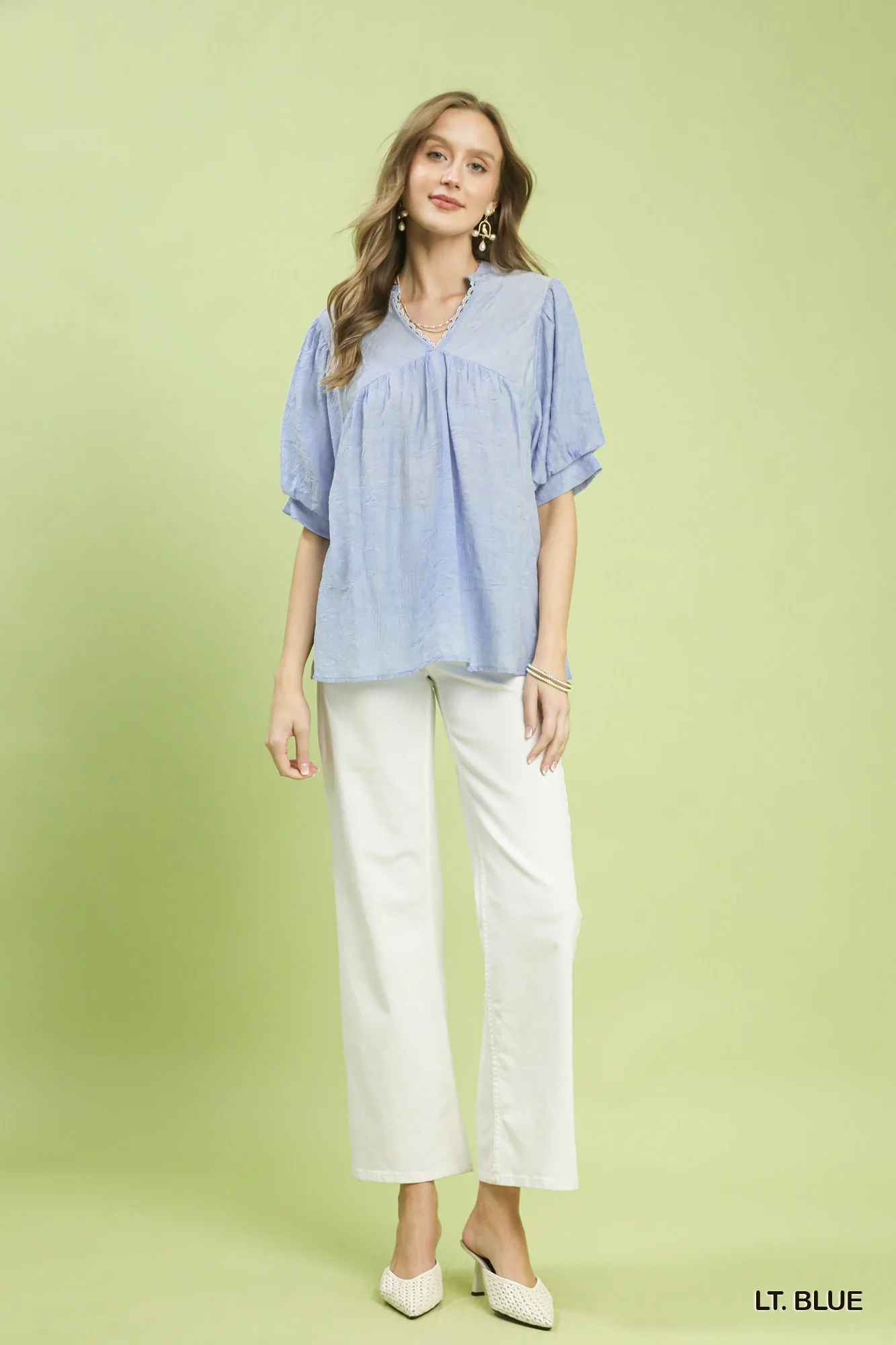 Umgee Textured Lace Trim V-Neck Boho Blouse - Image 5