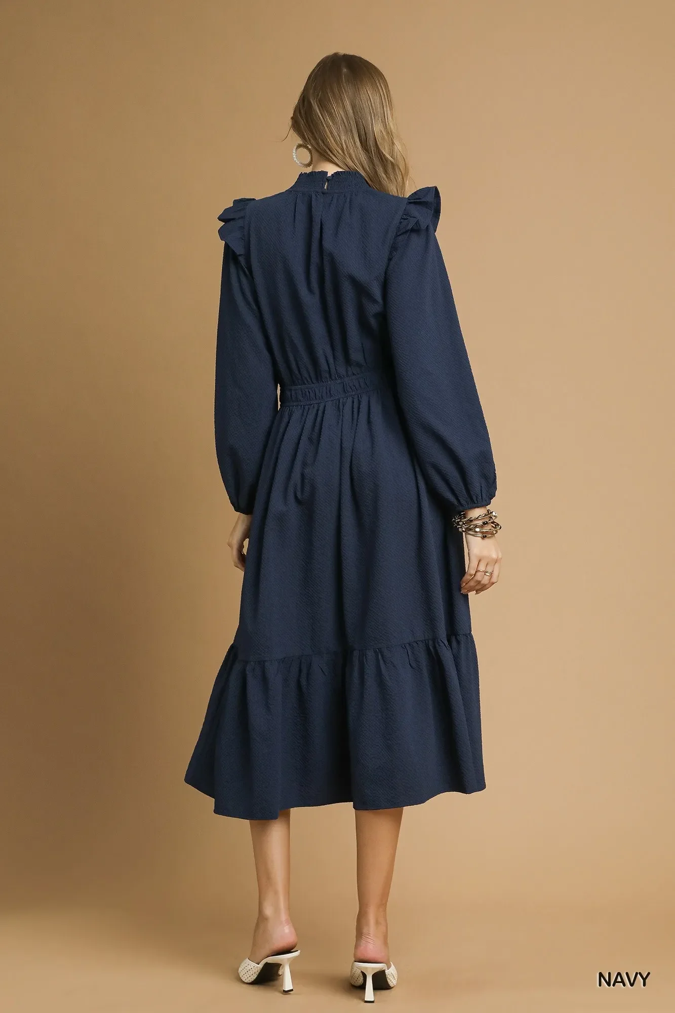 Umgee Textured Midi Dress with Ruffle Shoulder Detail - Image 3
