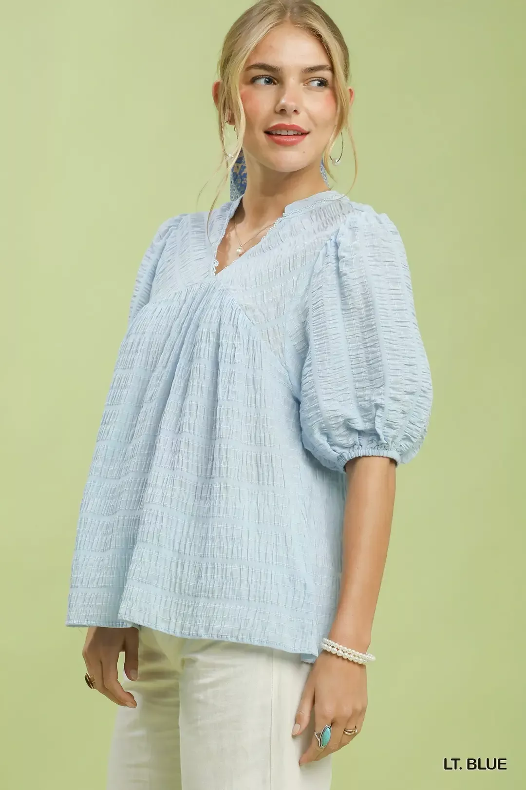 Umgee Textured Puff Sleeve Blouse - Image 2