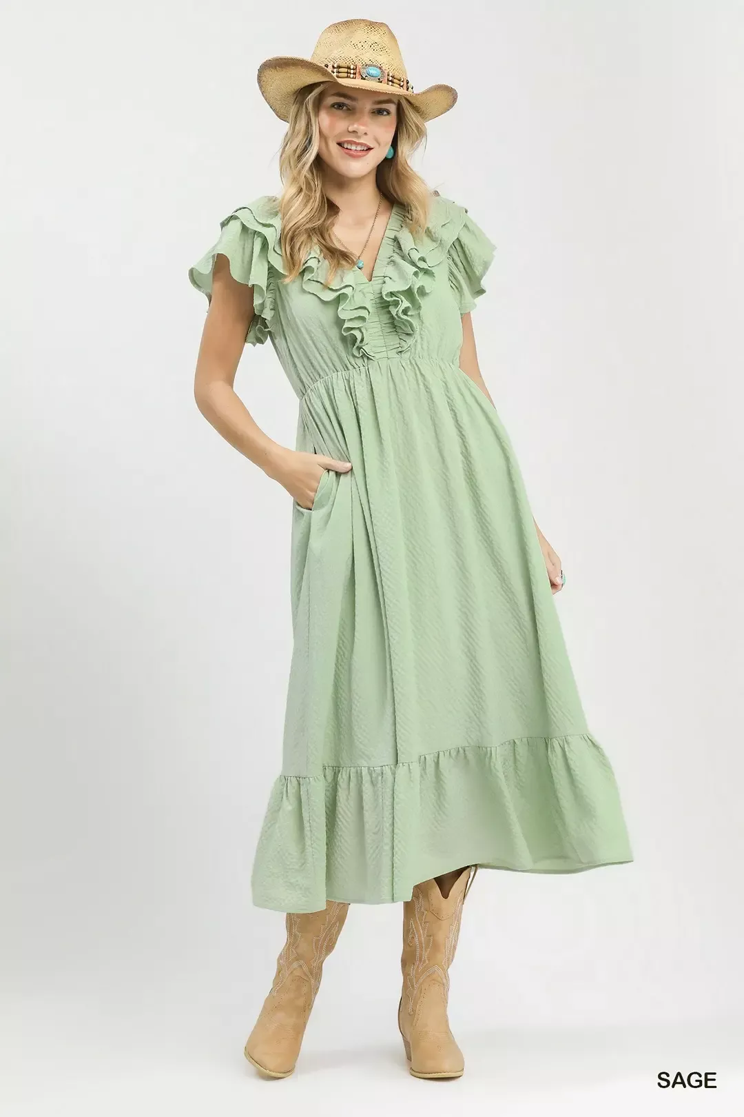 Umgee Textured Ruffle Midi Dress