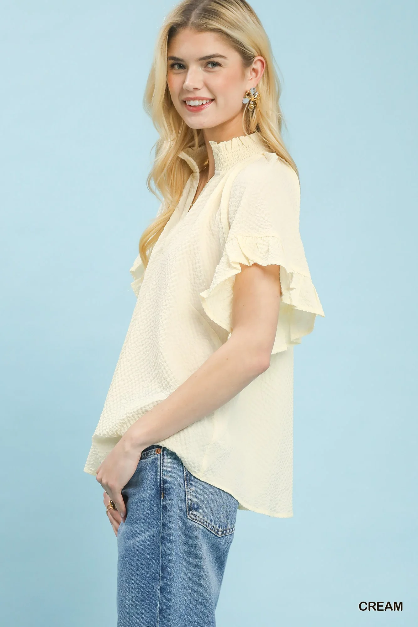 Umgee Textured Ruffle Sleeve Blouse - Image 2