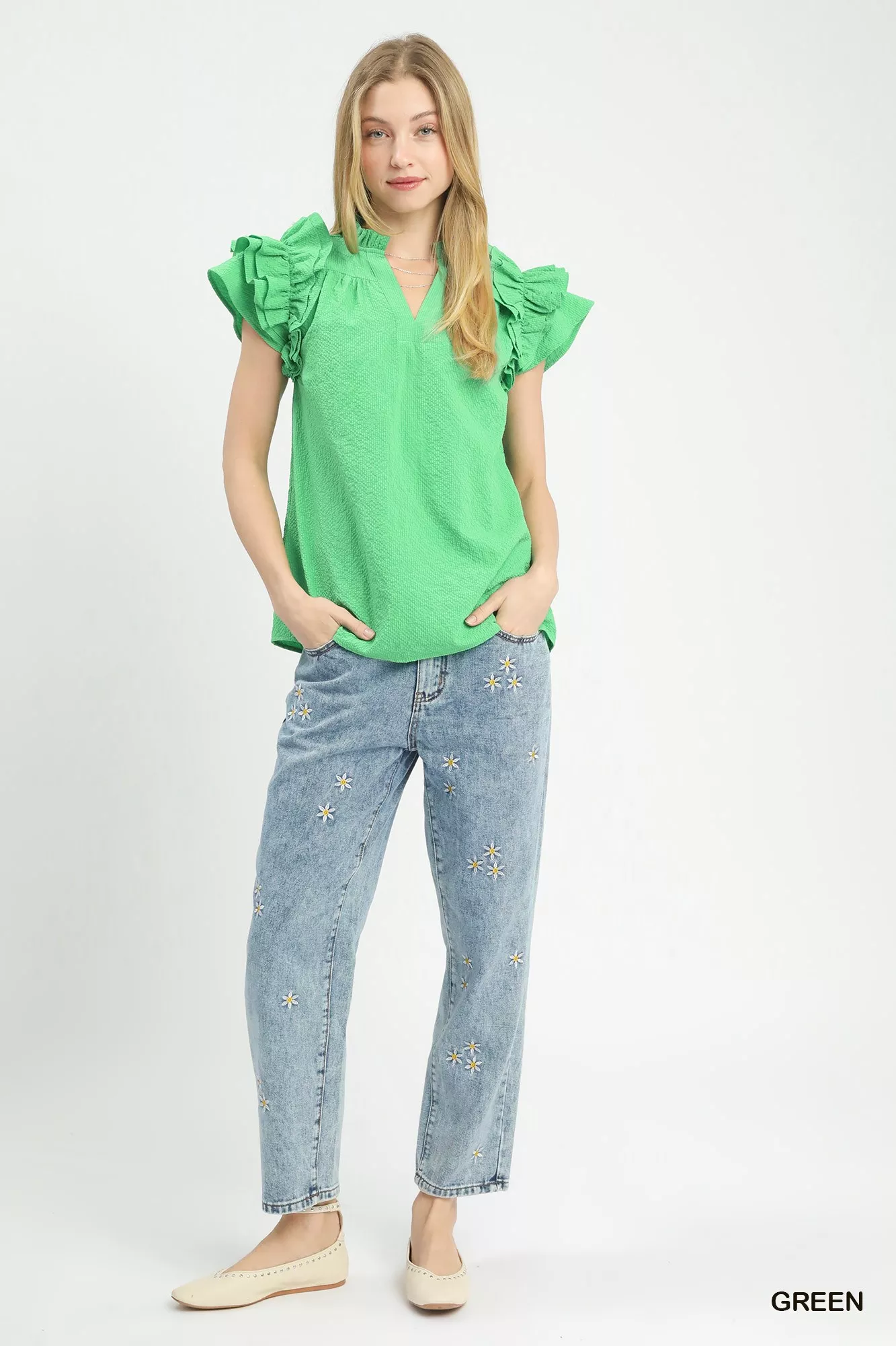 Umgee Textured Ruffle Sleeve Notched Top - Image 2