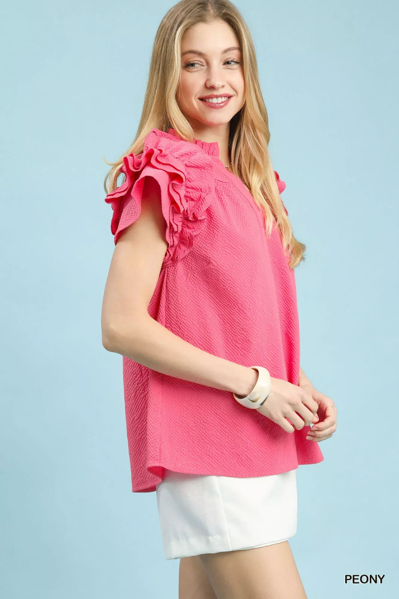 Umgee Textured Ruffle Sleeve Notched Top - Image 4