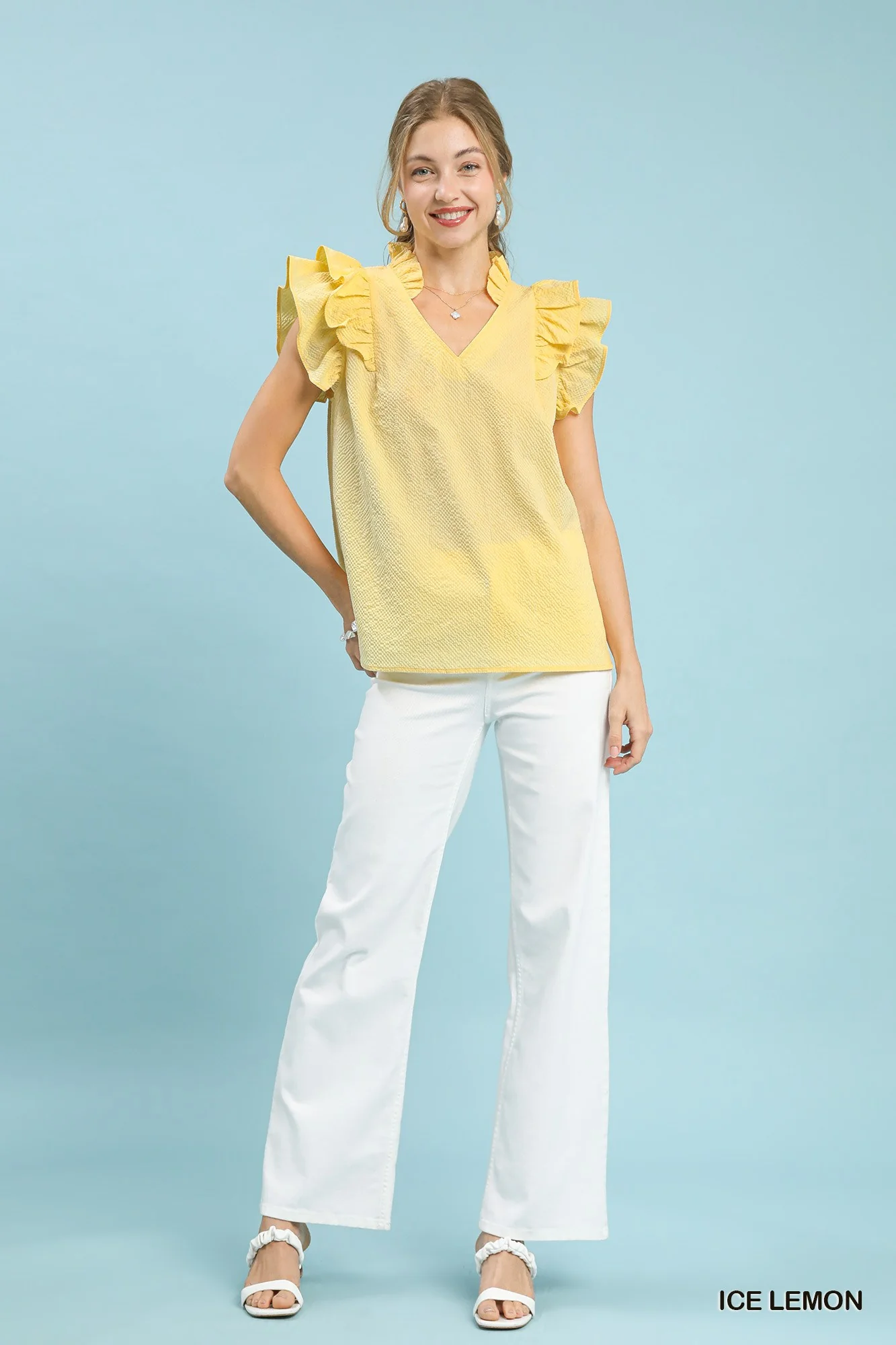 Umgee Textured Ruffle Sleeve V-Neck Blouse - Image 5