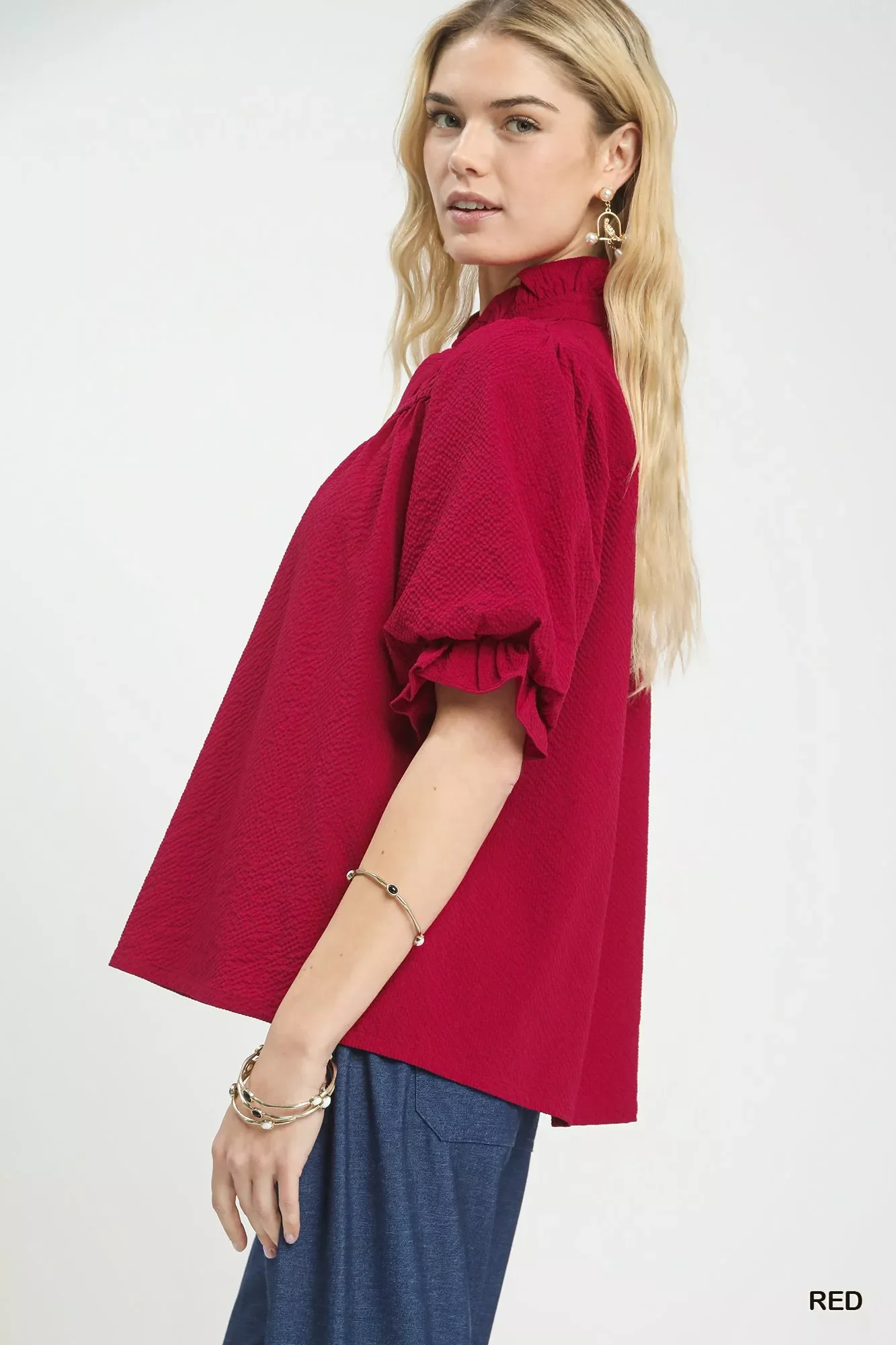 Umgee Textured Smocked Yoke Split-Neck Top - Image 2