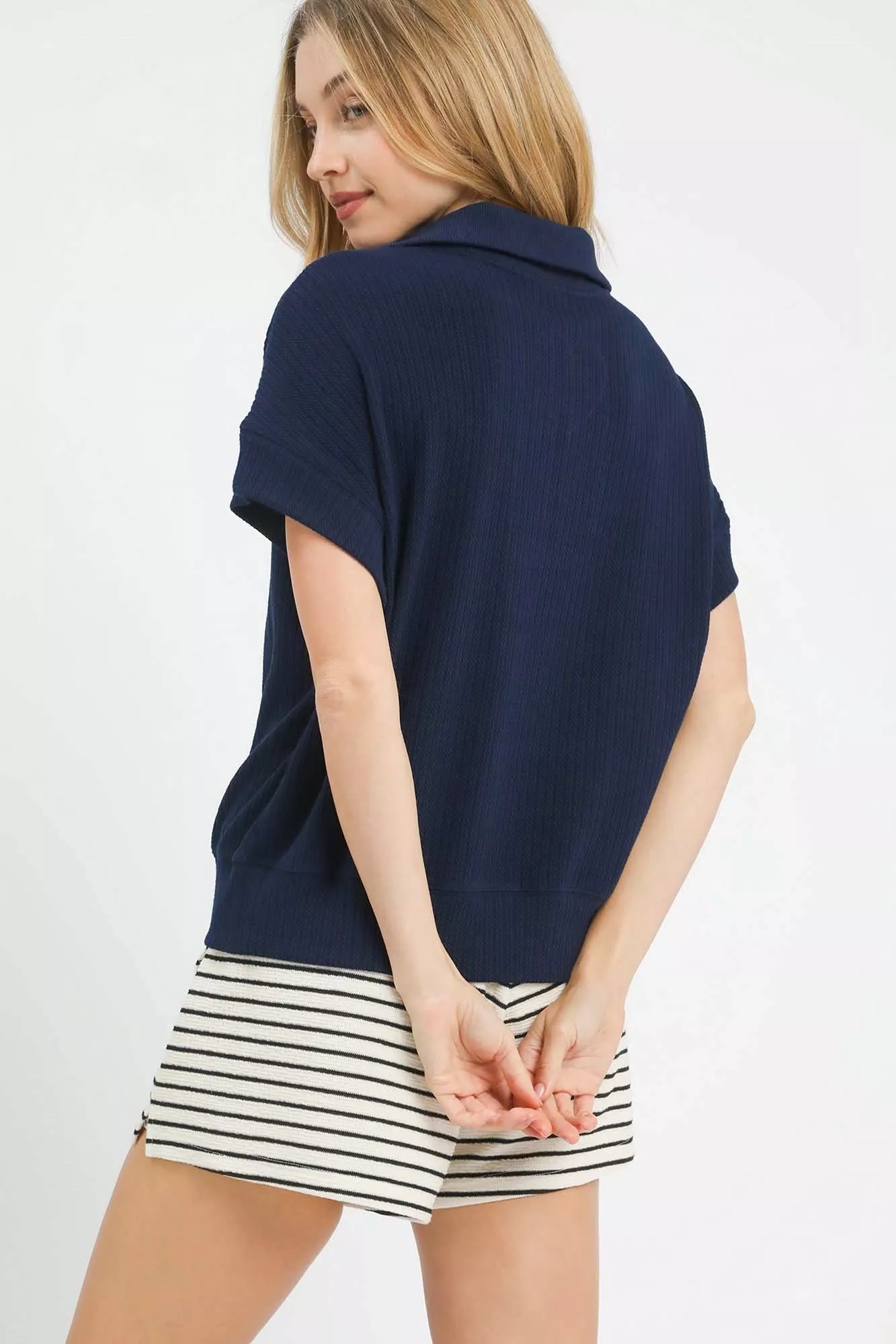 Umgee Textured Striped Zip Collar Knit Top - Image 2